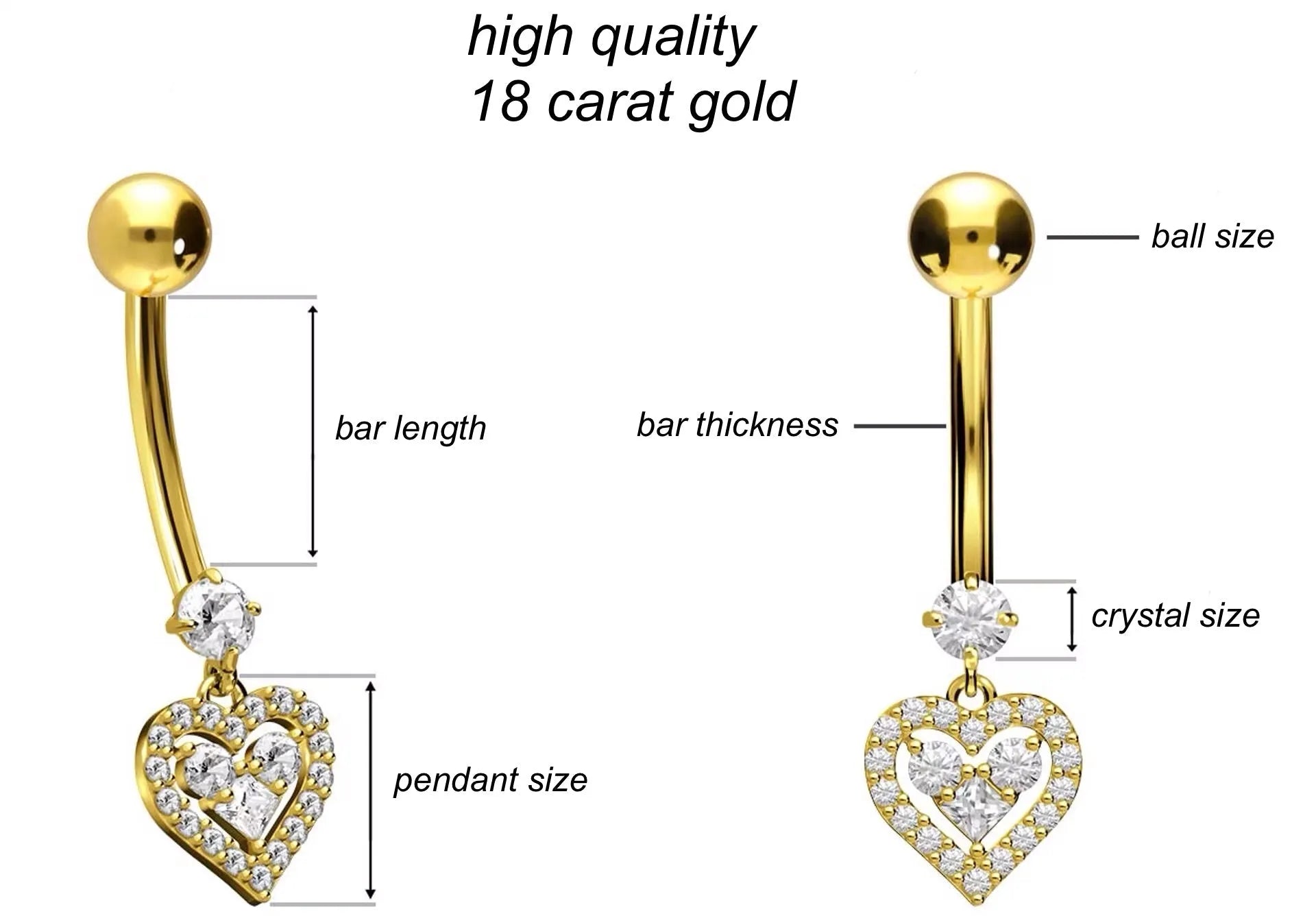 18 Carat Gold - Belly Button Piercing Dangling Sparkly Heart