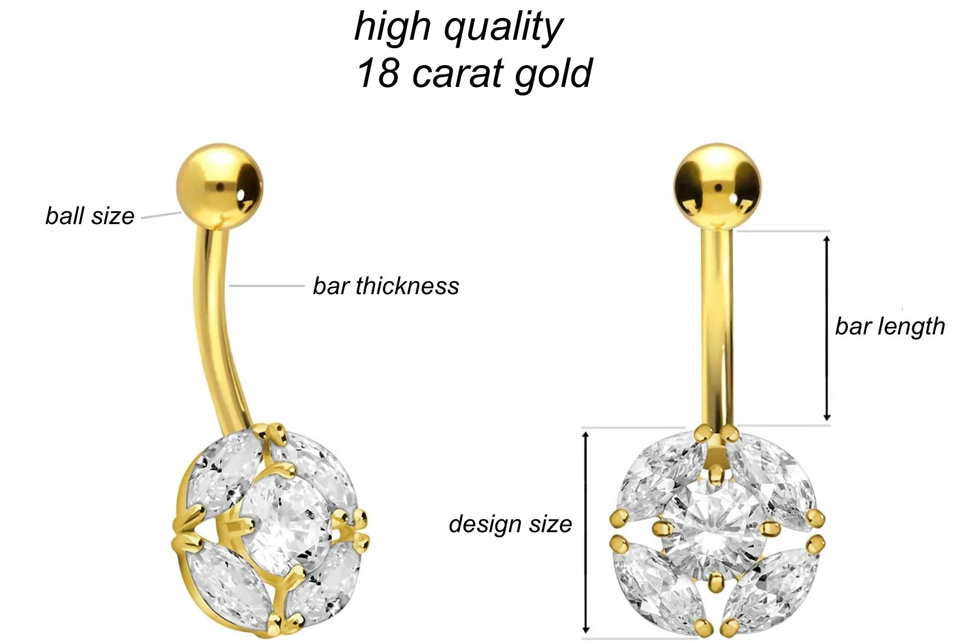 18 Carat Gold - Belly Button Piercing Multi Crystals