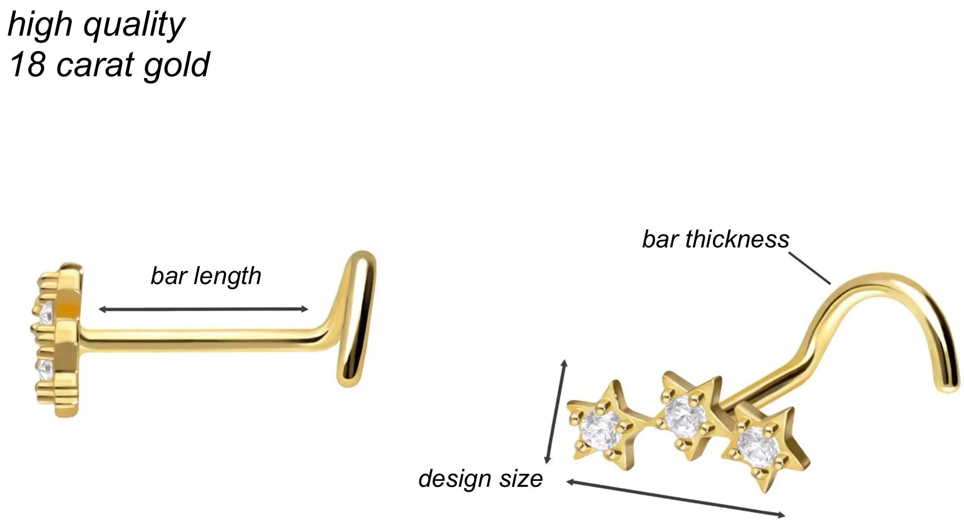 18 Carat Gold - Nose Stud Corkscrew Piercing 3 Crystal Stars