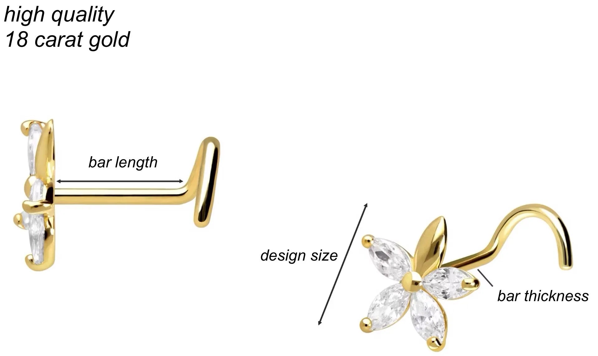 18 Carat Gold - Nose Stud Corkscrew Piercing Crystal Flower Dainty Petals