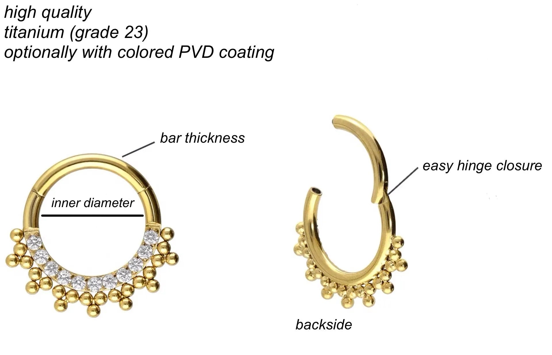 Titanium - Hinged Piercing Hoop Ornaments + Crystals