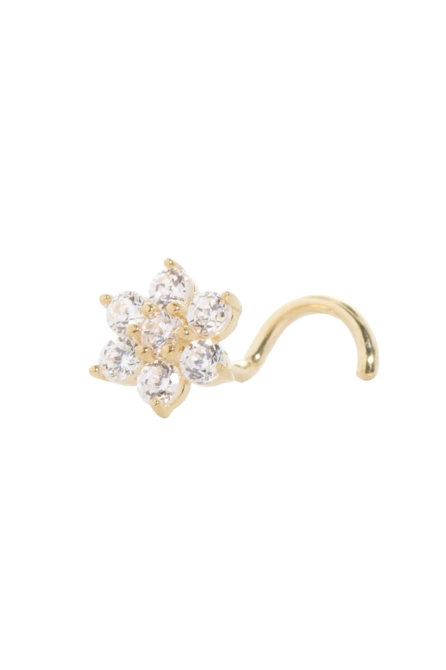 18 Carat Gold - Nose Stud Corkscrew Piercing Sparkly Flower