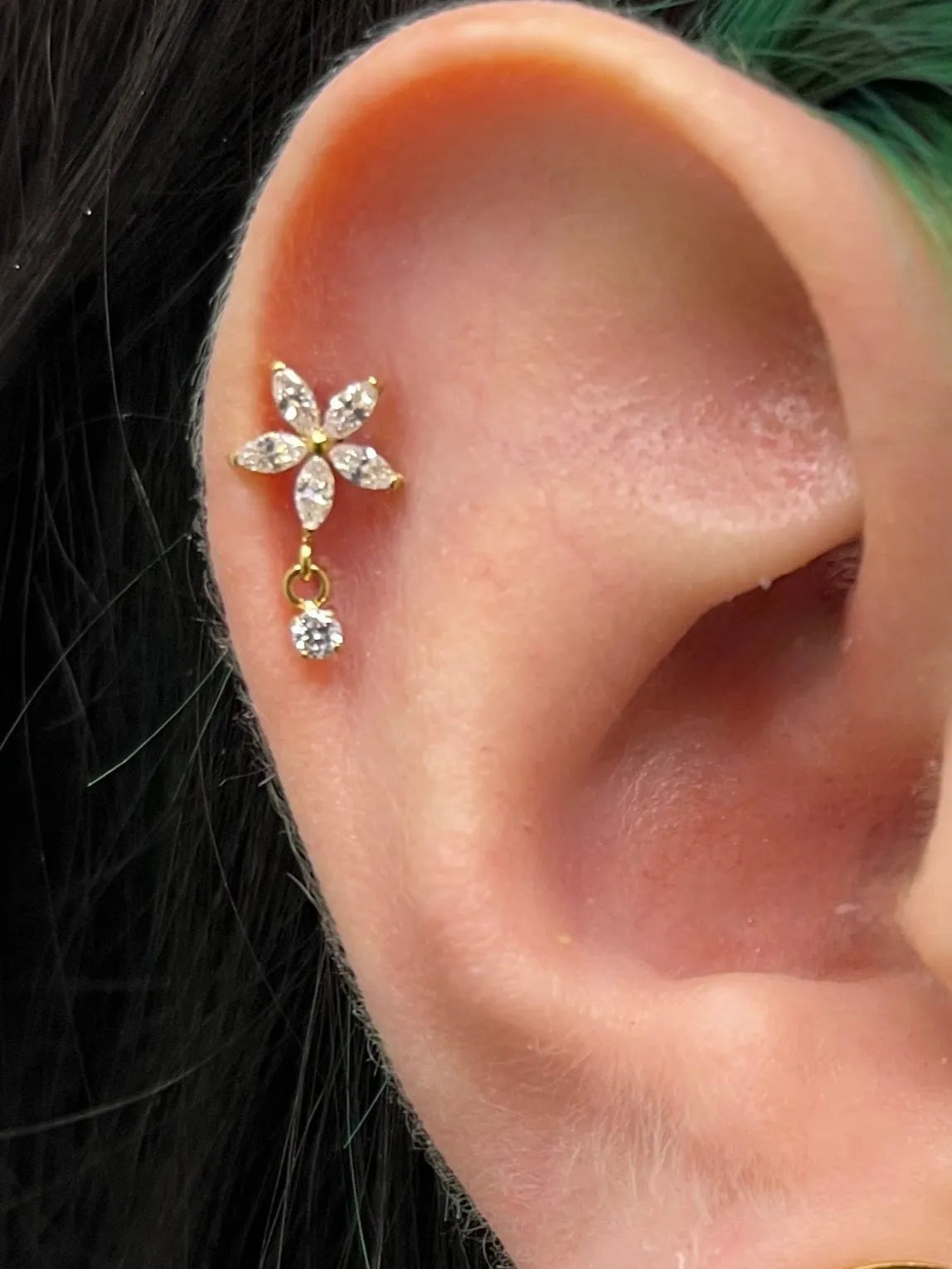 Titanium - Push Pin Flat Back Piercing Crystal Flower + Dangling Gem