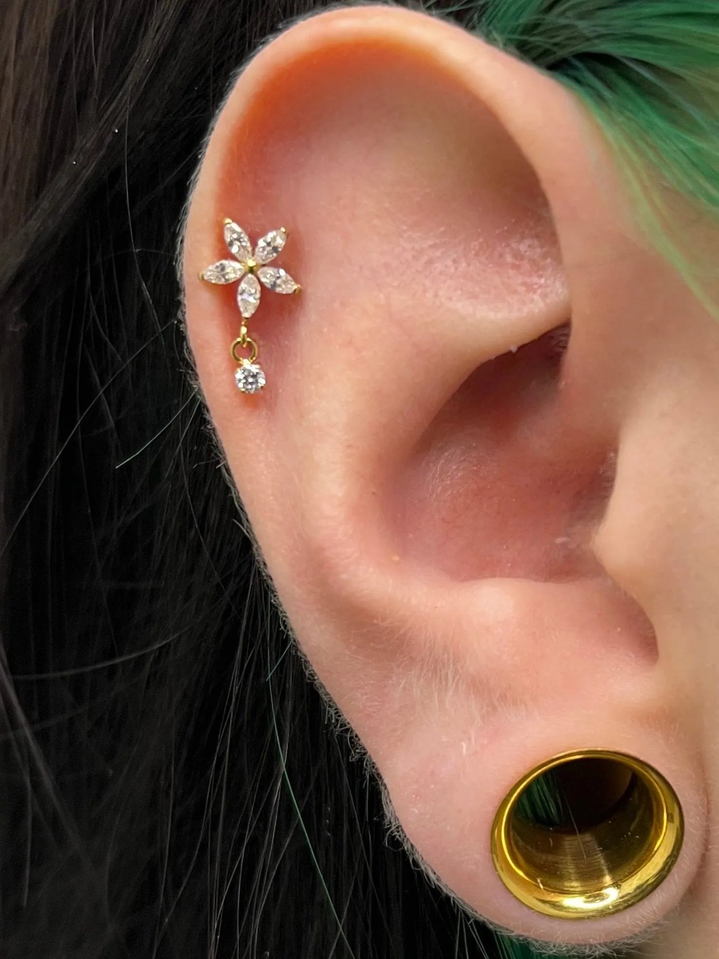 Titanium - Push Pin Flat Back Piercing Crystal Flower + Dangling Gem