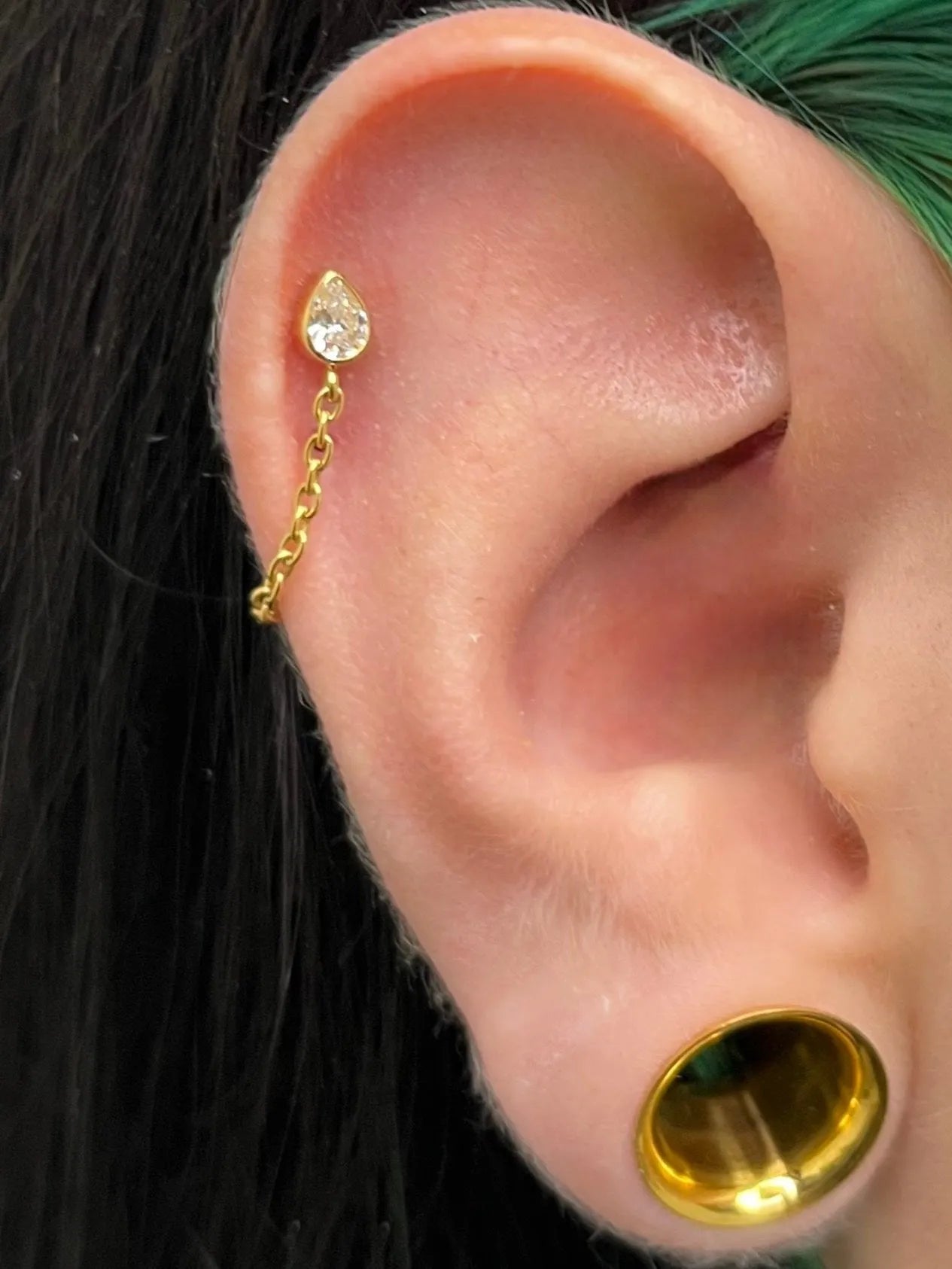 Titanium - Push Pin Flat Back Piercing Connecting Chain + Crystal Drop