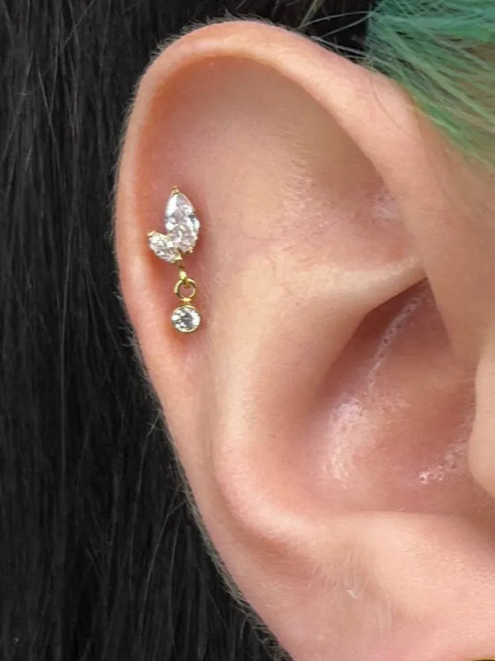 Titanium - Push Pin Flat Back Piercing Flower Bud + Dangling Crystal