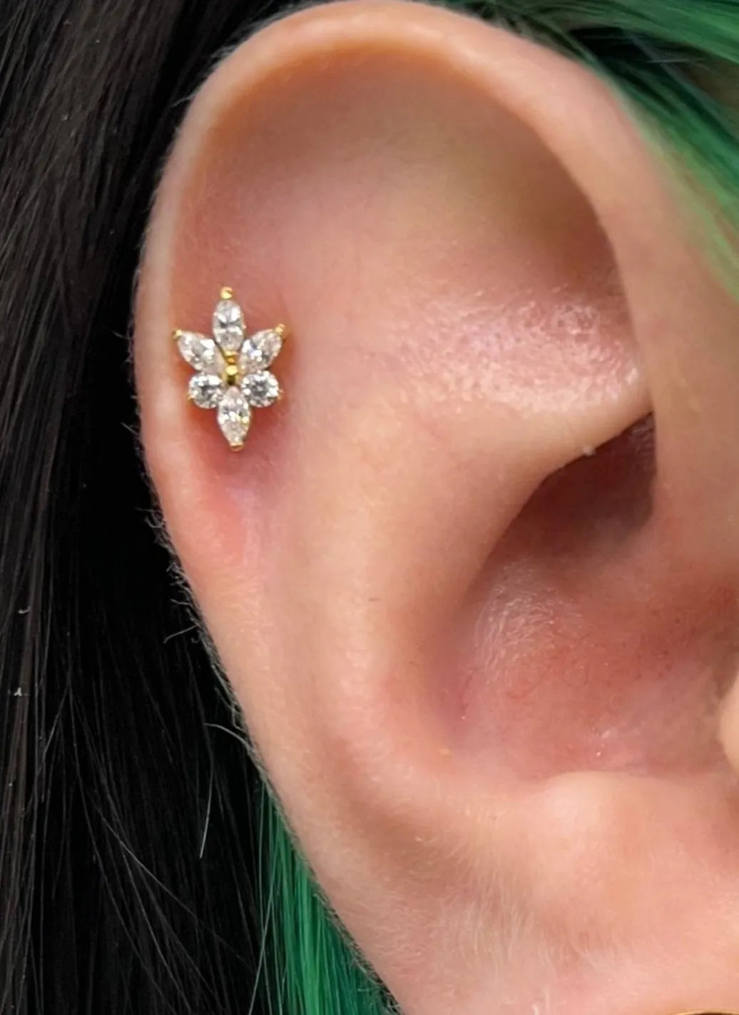 Titanium - Push Pin Flat Back Piercing Unique Crystal Flower