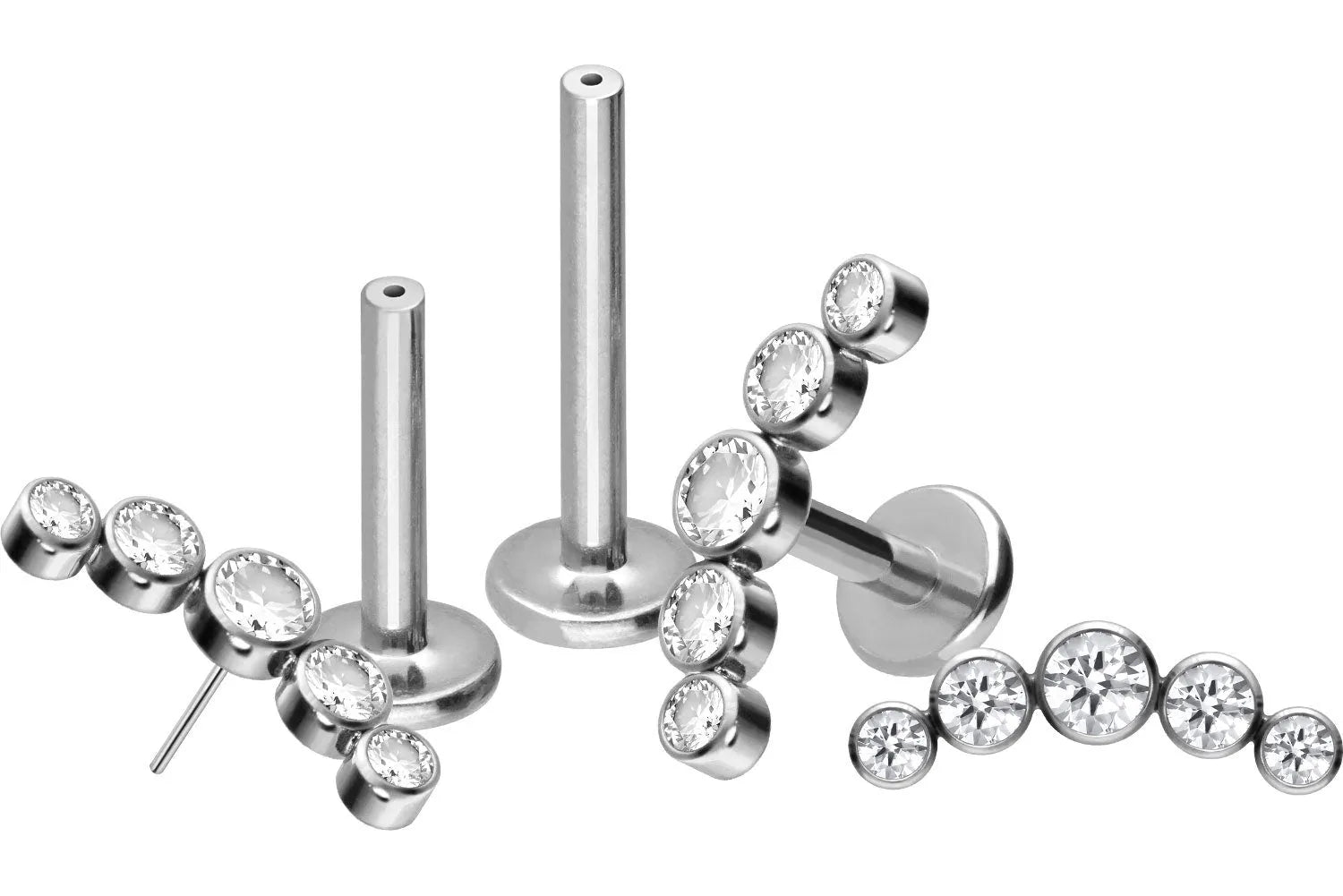 Titanium - Push Pin Flat Back Piercing 5 Crystal Curve