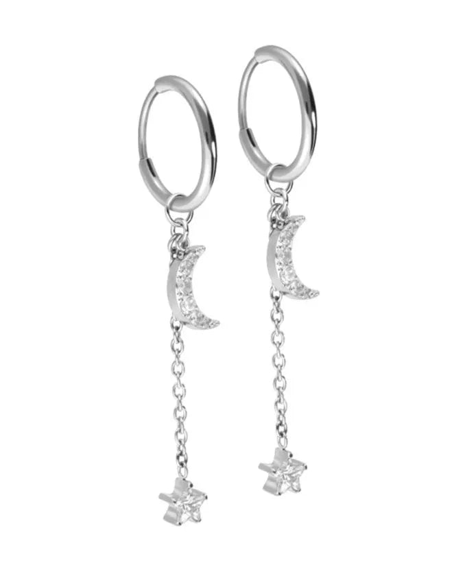 Surgical Steel 316L - Hinged Hoop Earrings Dangling Moon + Star