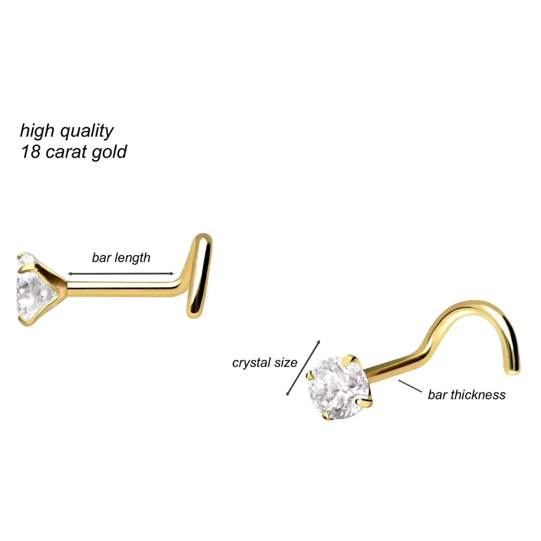 18 Carat Gold - Nose Stud Corkscrew Piercing Pronged 3mm Crystal