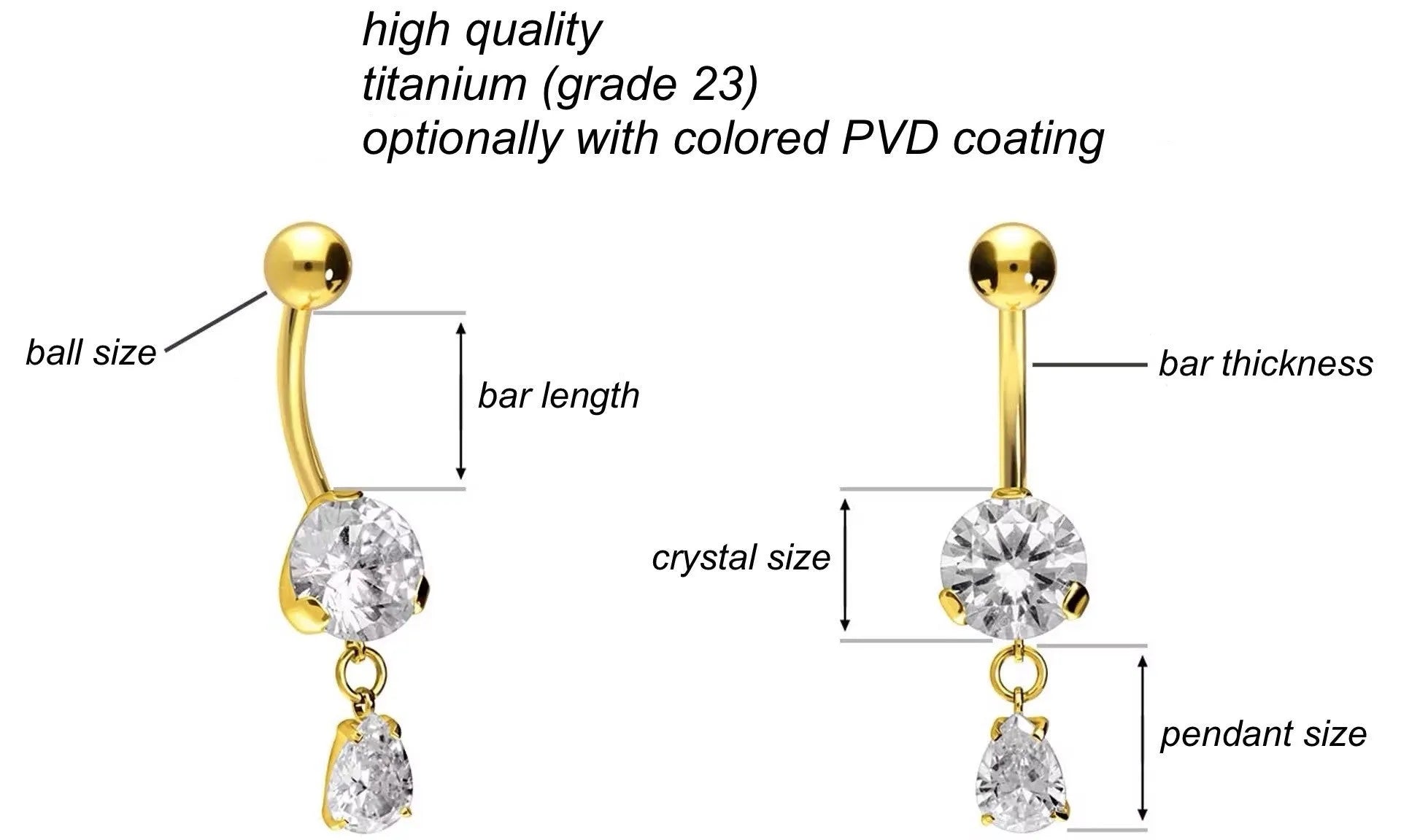 Titanium - Bellybutton Piercing 2 Multi Cut Crystals + Dangling Drop