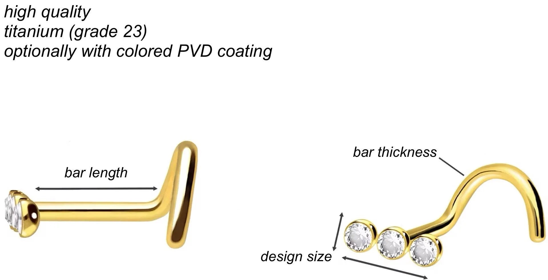 Titanium - Corkscrew Nose Stud Piercing 3 Crystal Row