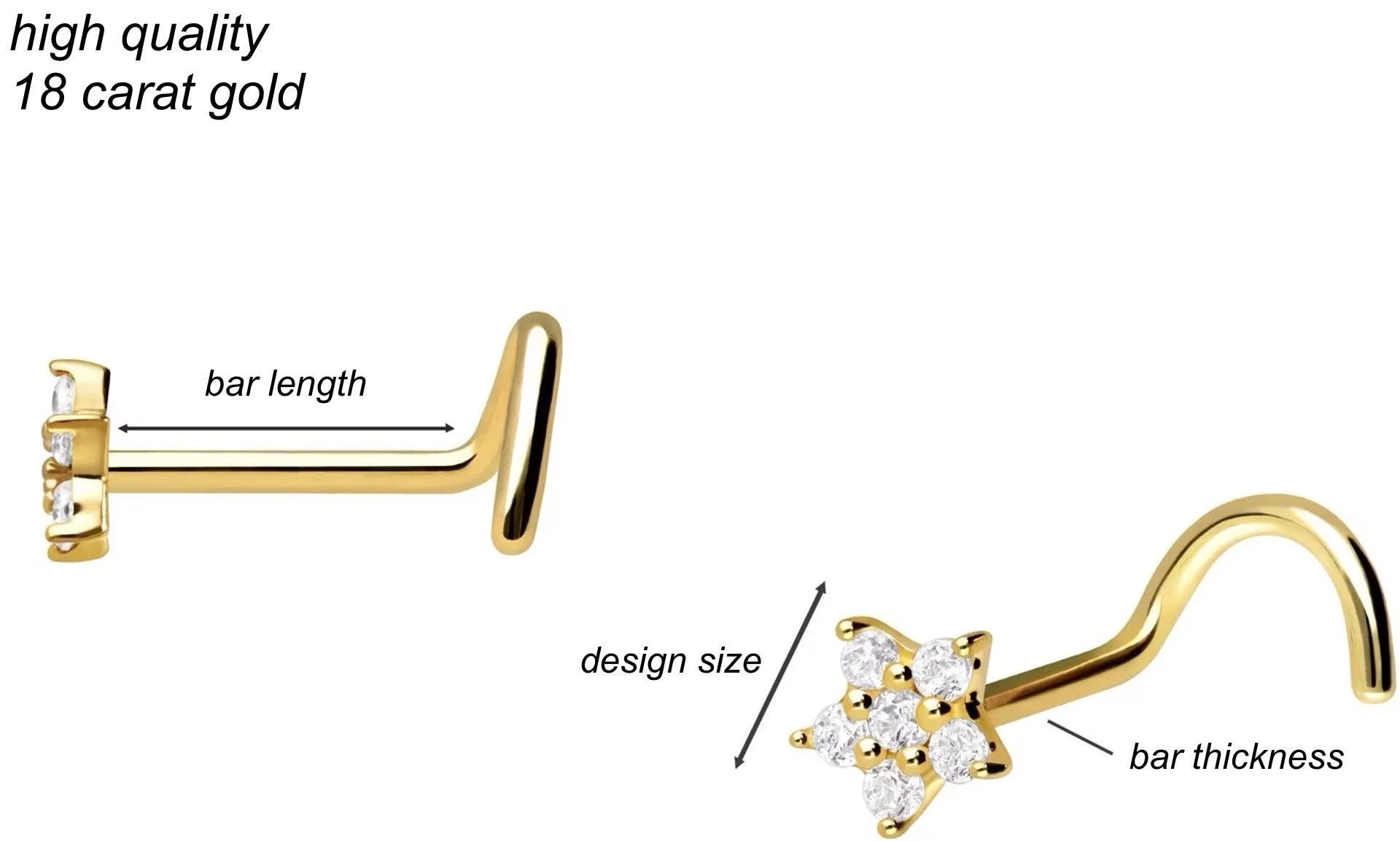 18 Karat Gold - Corkscrew Nose Stud Dainty Crystal Flower