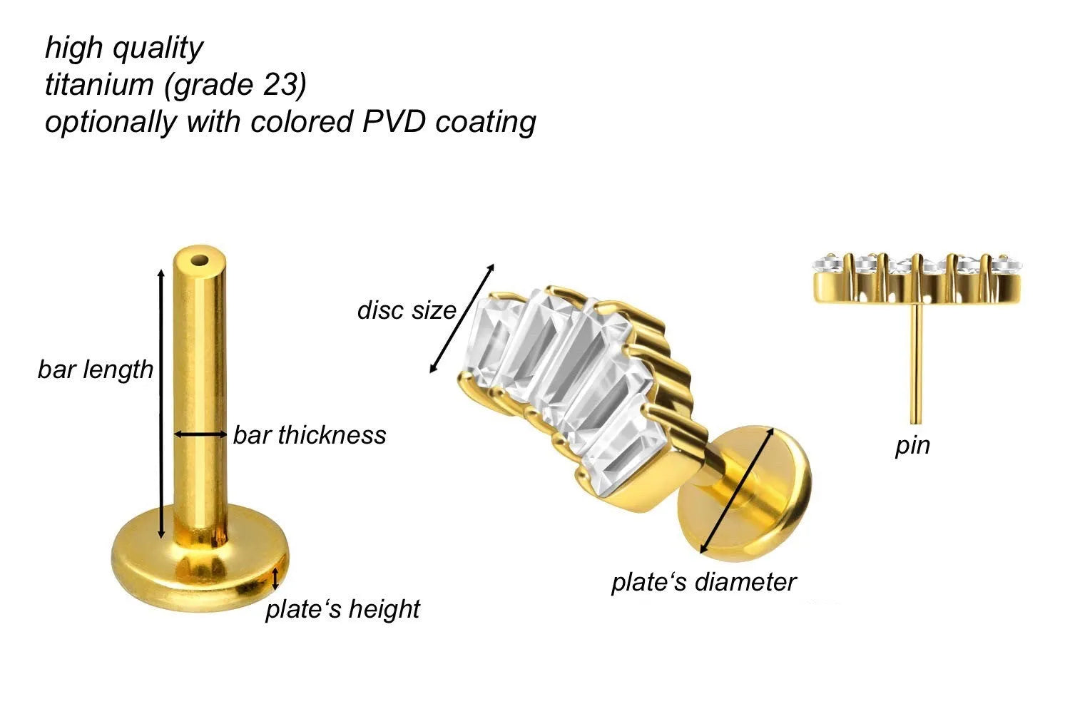 Titanium - Push Pin Flat Back Piercing 5 Rectangular Crystal Arch