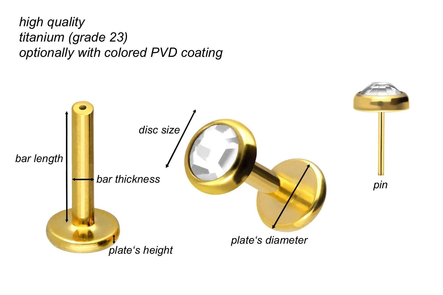 Titanium - Push Pin Flat Back Piercing Flat Crystal Gold