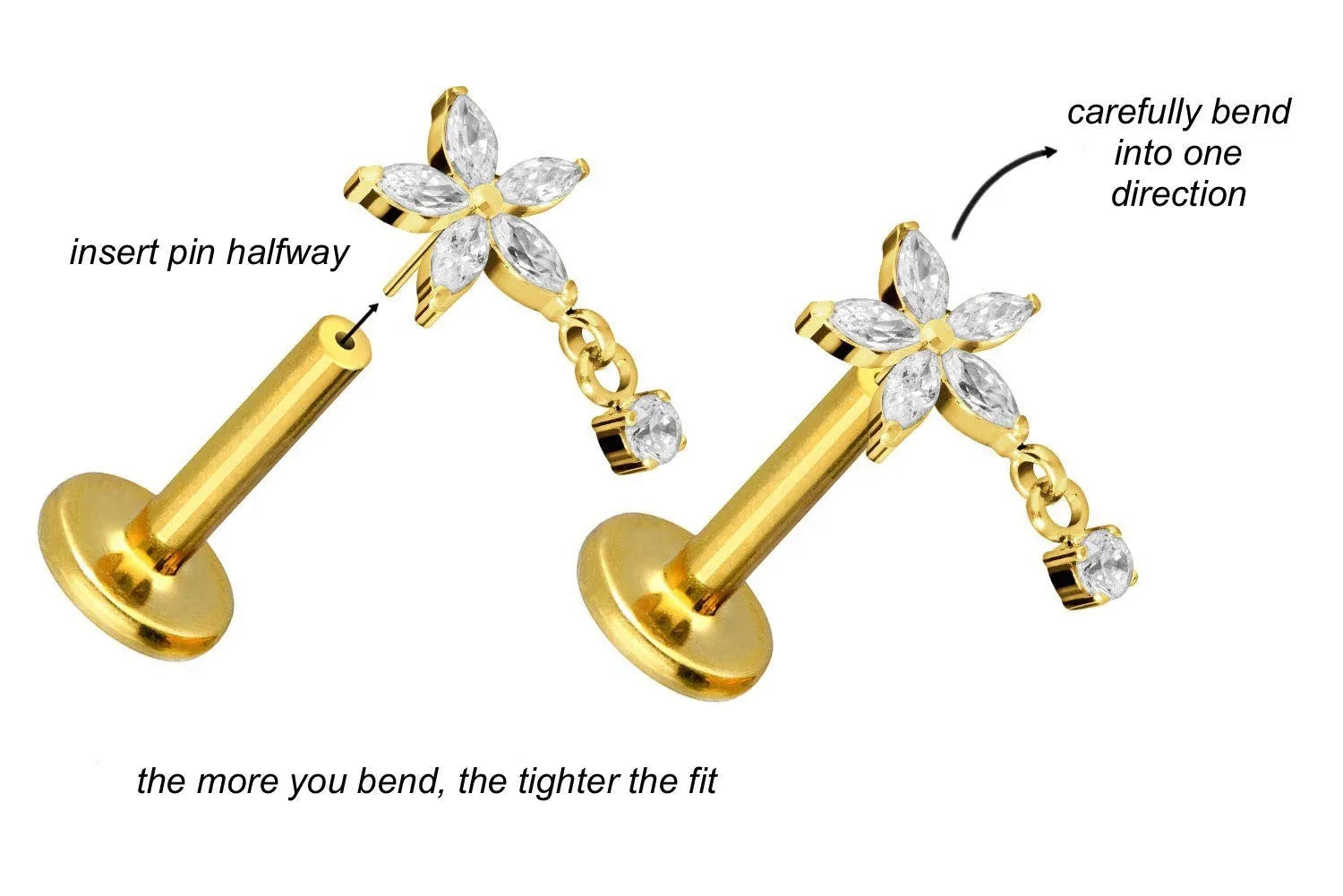 Titanium - Push Pin Flat Back Piercing Crystal Flower + Dangling Gem