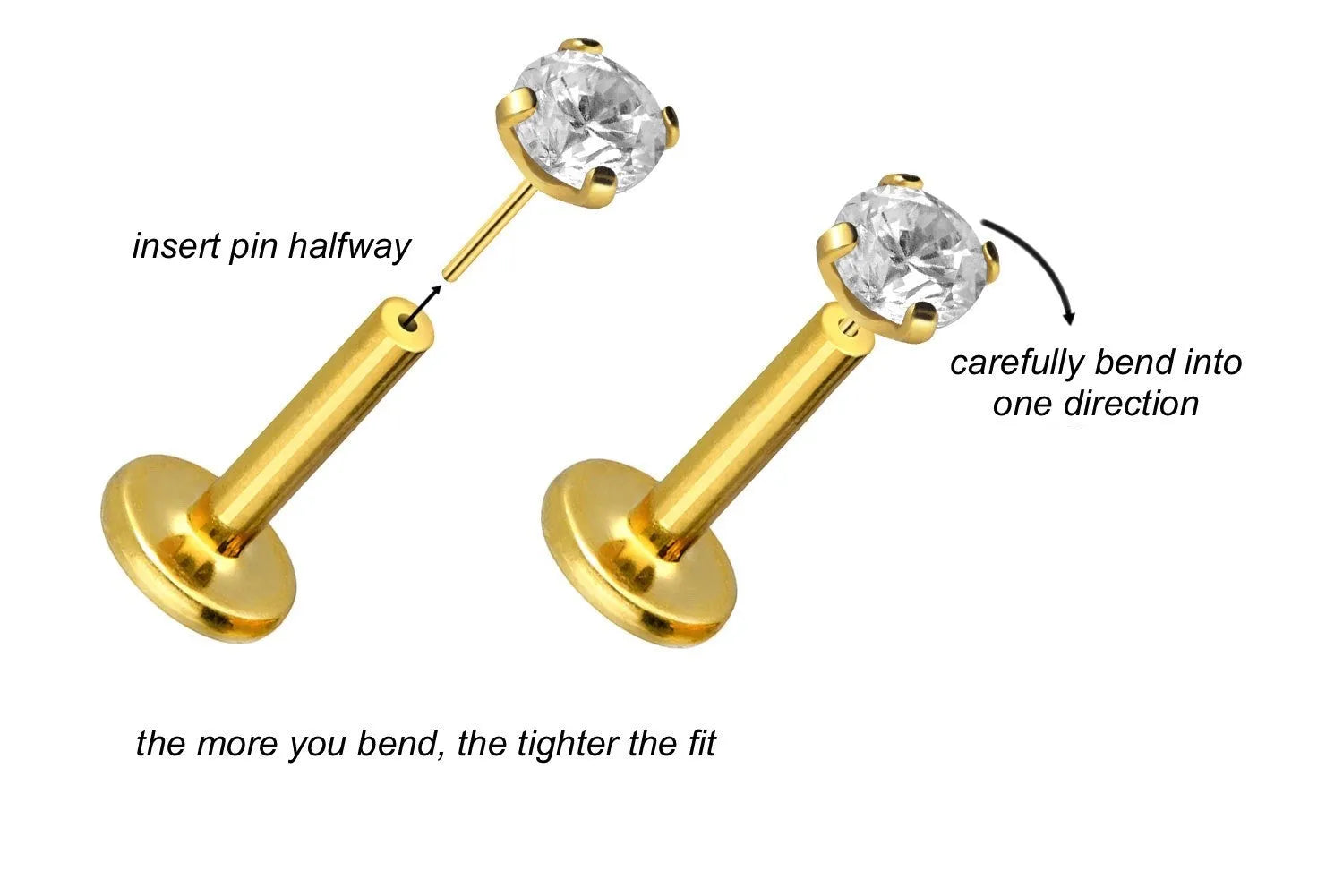 Titanium - Push Pin Flat Back Piercing Shiny Flat Crystal Gold