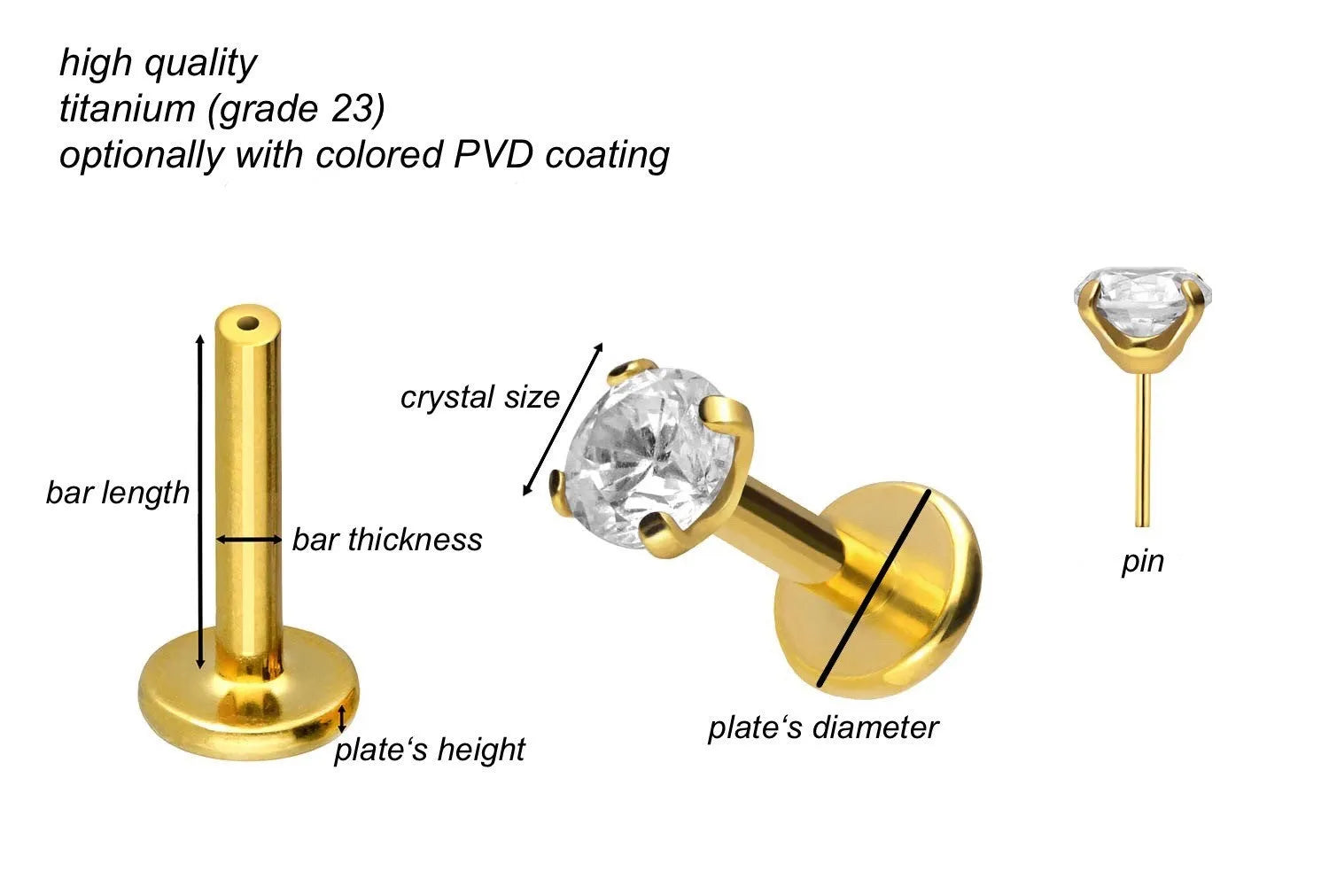 Titanium - Push Pin Flat Back Piercing Shiny Flat Crystal Gold