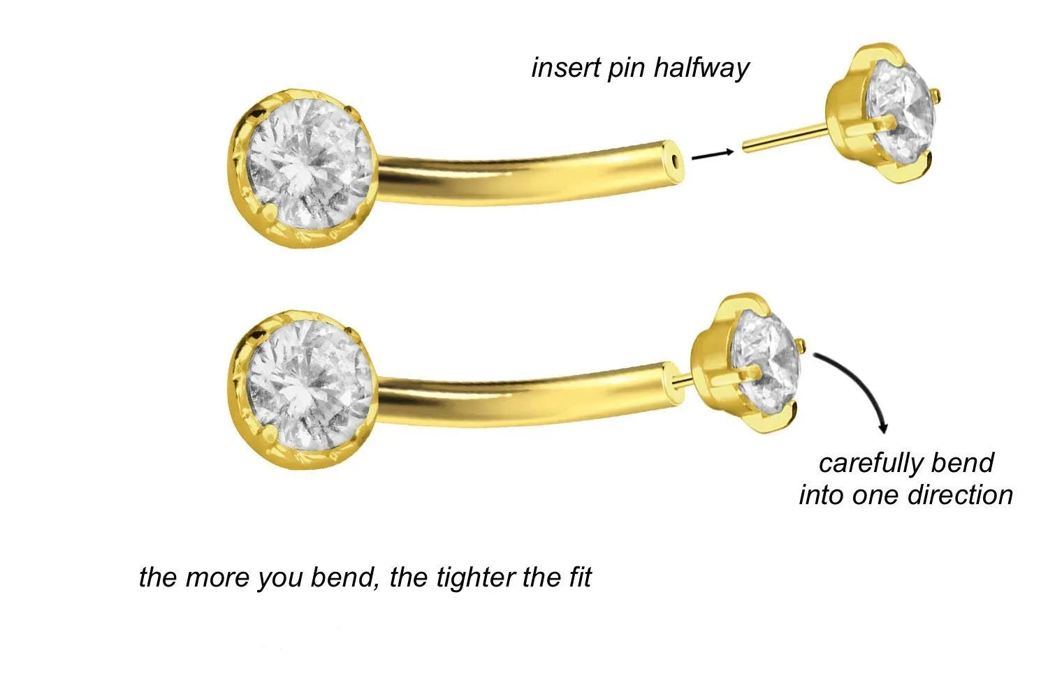 Titanium - Push Pin Curved Barbell Piercing 2 Dainty Sparkly Crystals