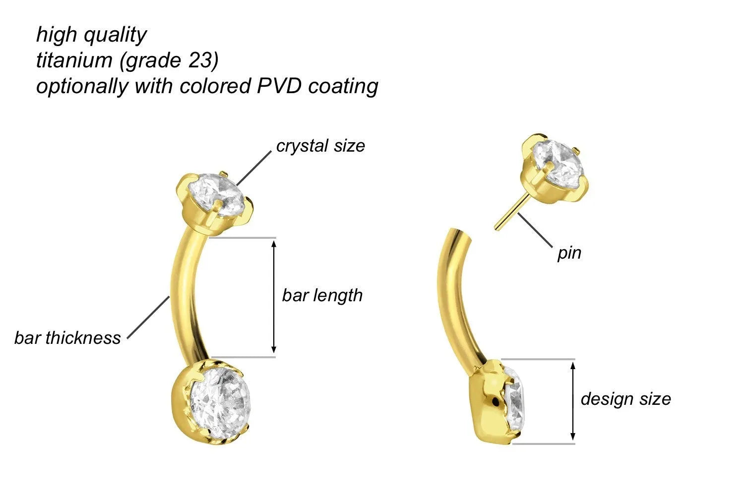 Titanium - Push Pin Curved Barbell Piercing 2 Dainty Sparkly Crystals