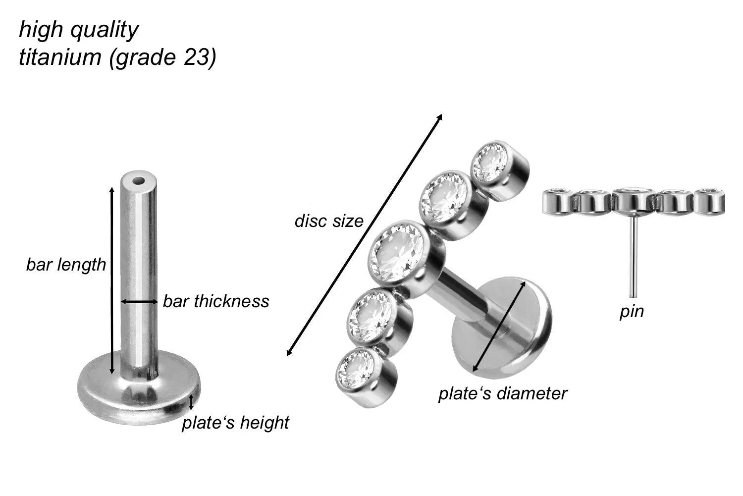 Titanium - Push Pin Flat Back Piercing 5 Crystal Curve