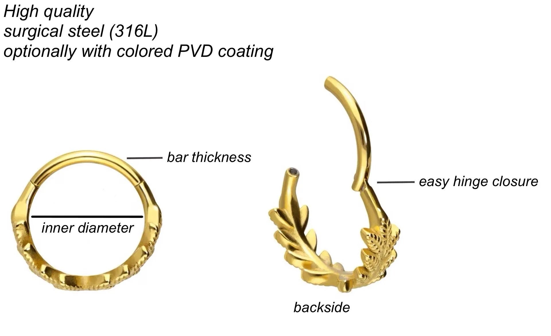 Surgical Steel 316L - Hinged Piercing Hoop Laurel Wreath