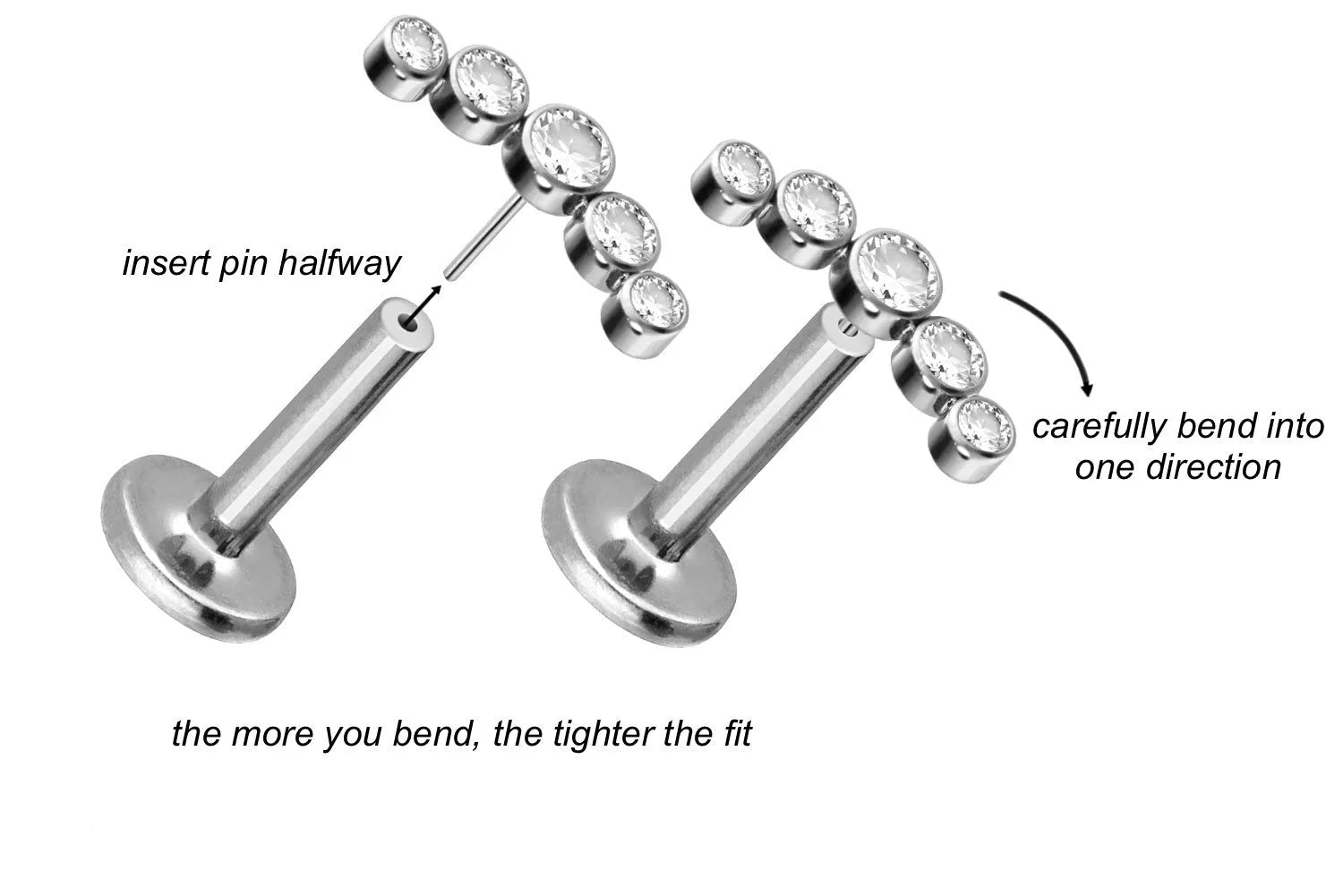 Titanium - Push Pin Flat Back Piercing 5 Crystal Curve