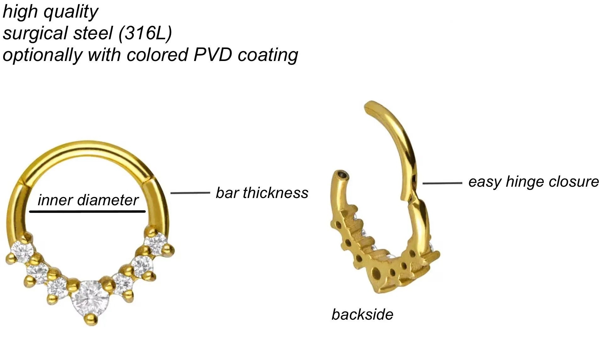 Surgical Steel 316L - Hinged Piercing Hoop 7 Crystals