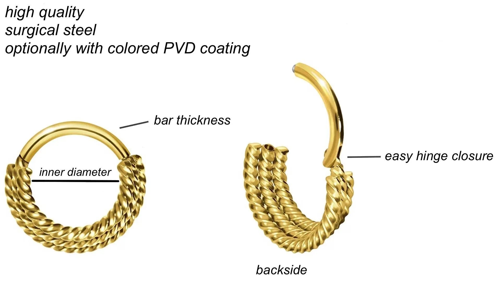 Surgical Steel 316L - Hinged Piercing Hoop 3 Stacked Ropes