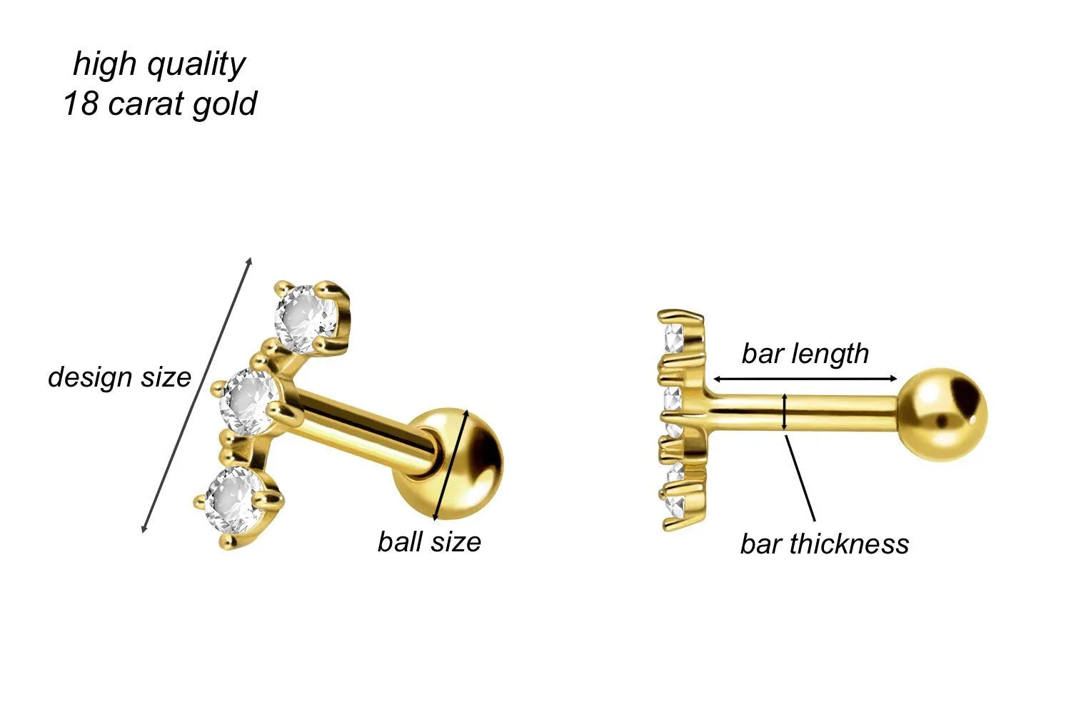 18 Carat Gold - Ear Piercing Dainty Crystal Curve