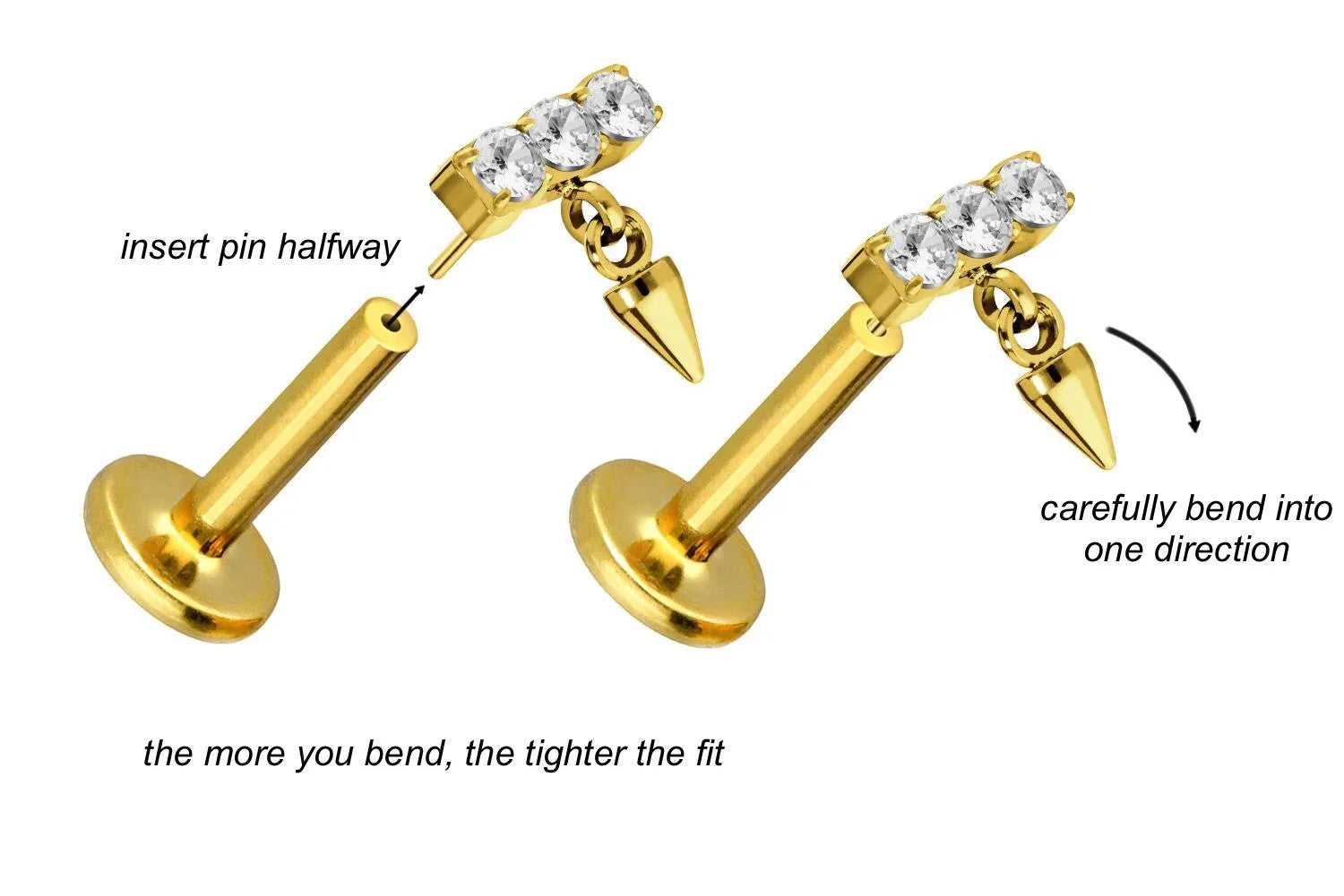 Titanium - Push Pin Flat Back Piercing Crystal Bar + Dangling Spike