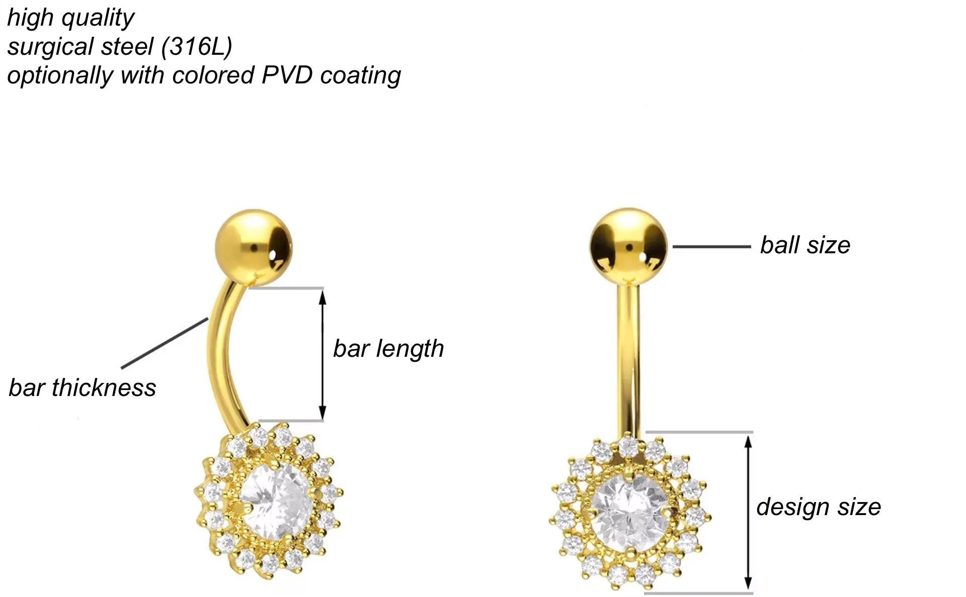 Surgical Steel 316L - Bellybutton Piercing Multi Crystal Sun