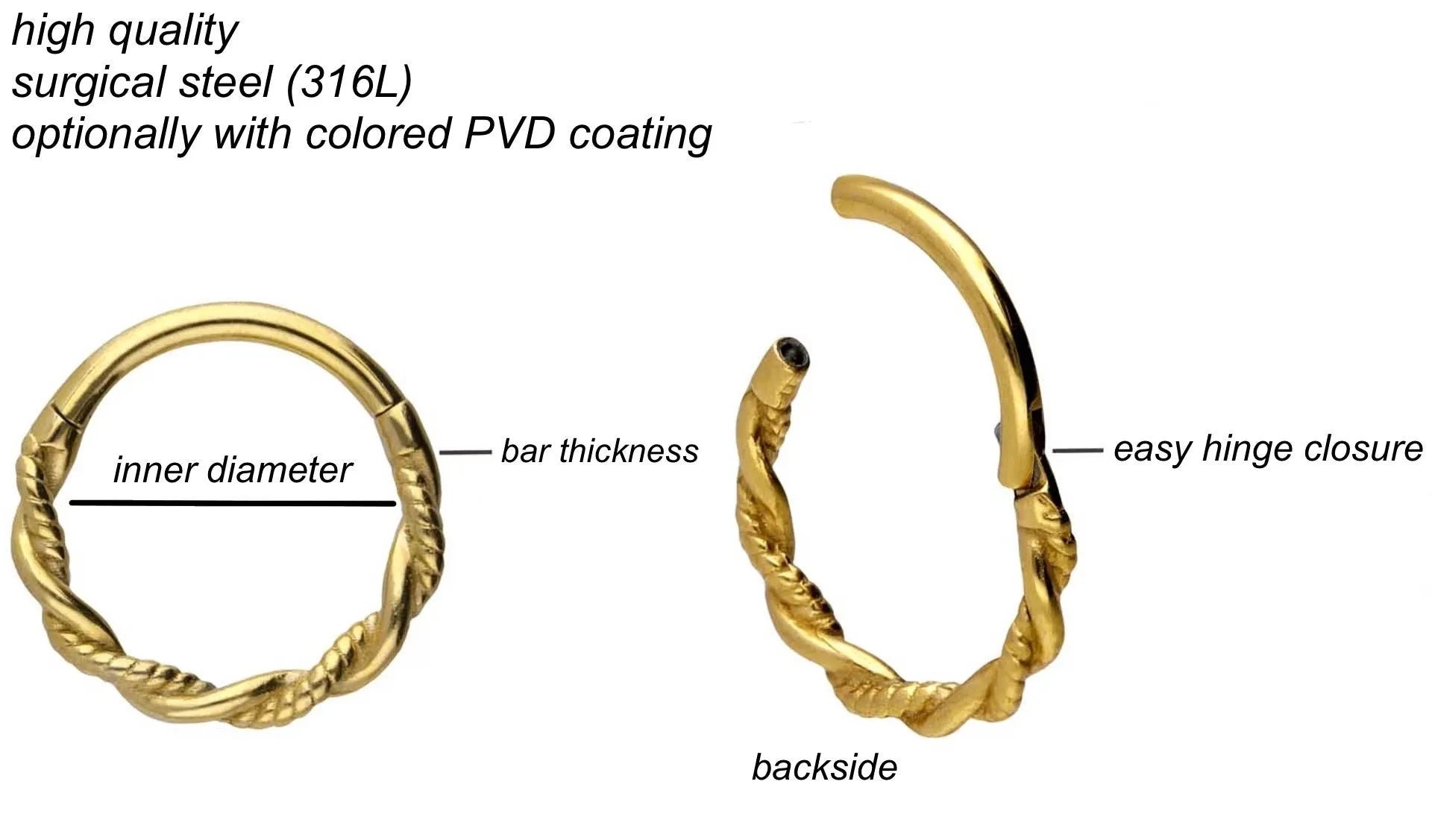 Surgical Steel 316L - Hinged Piercing Hoop 2 Twisted Ropes