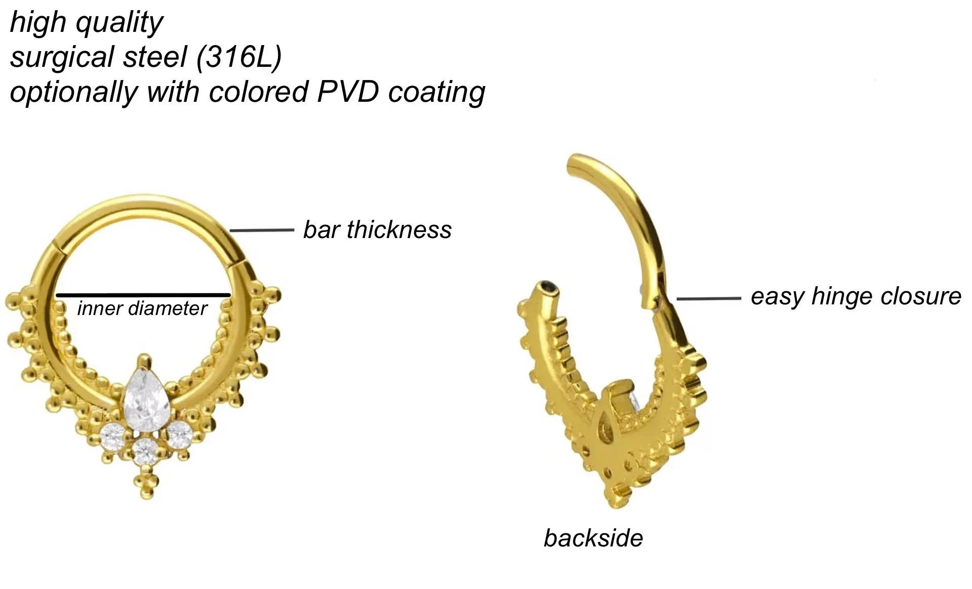 Surgical Steel 316L - Hinged Piercing Hoop Ornamental Design