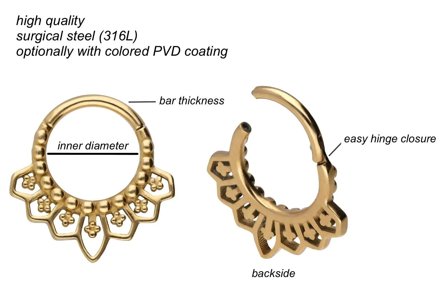 Surgical Steel 316L - Hinged Piercing Hoop Oriental Design