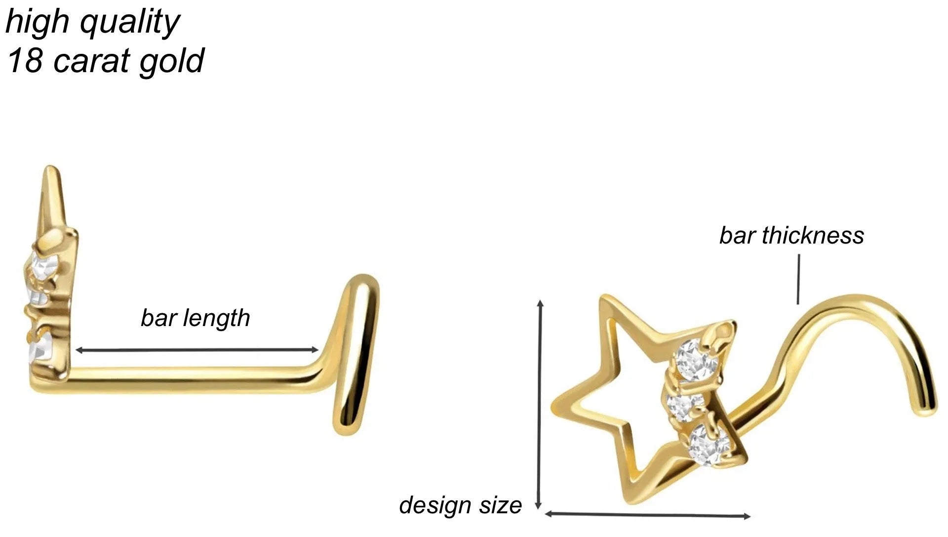 18 Carat Gold - Nose Stud Corkscrew Piercing Shiny Star