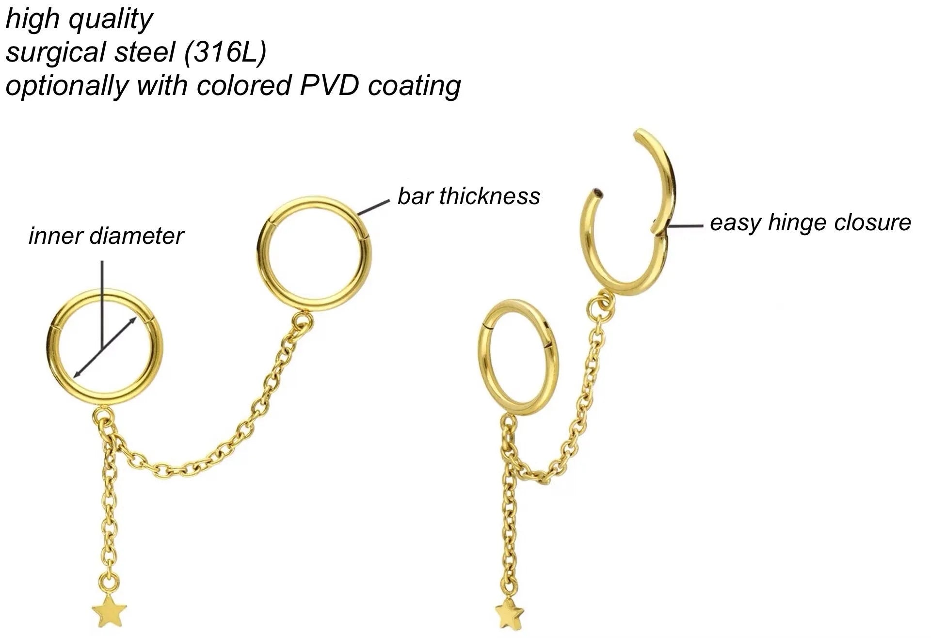 Surgical Steel 316L - 2 Hinged Piercing Hoops Connecting Chain + Dangling Star