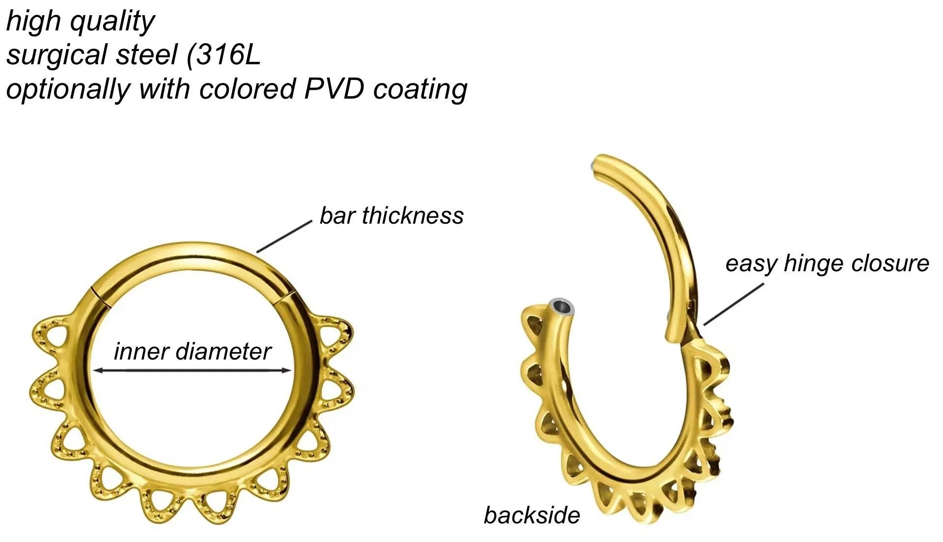 Surgical Steel 316L - Hinged Piercing Hoop Elegant Sun