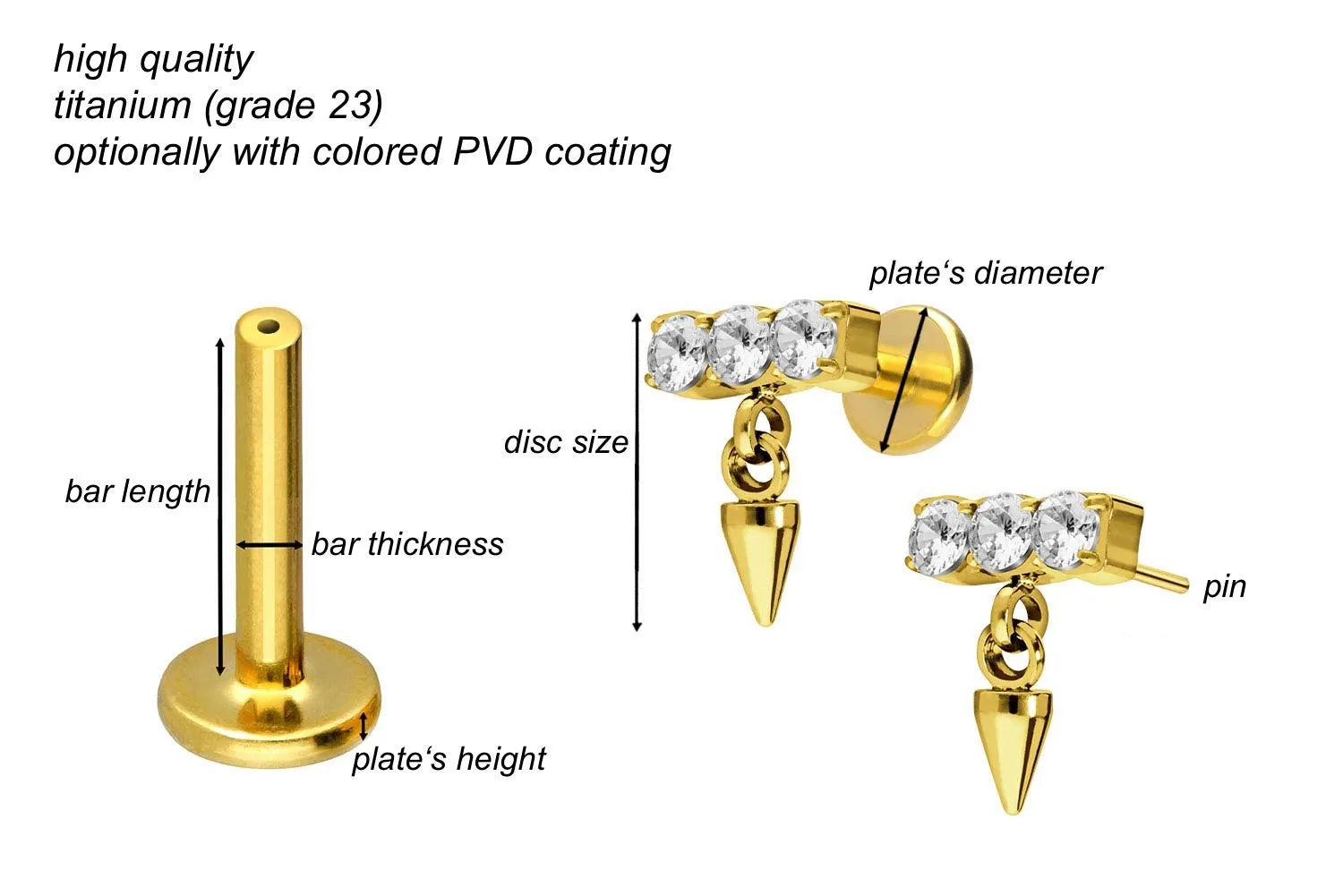 Titanium - Push Pin Flat Back Piercing Crystal Bar + Dangling Spike