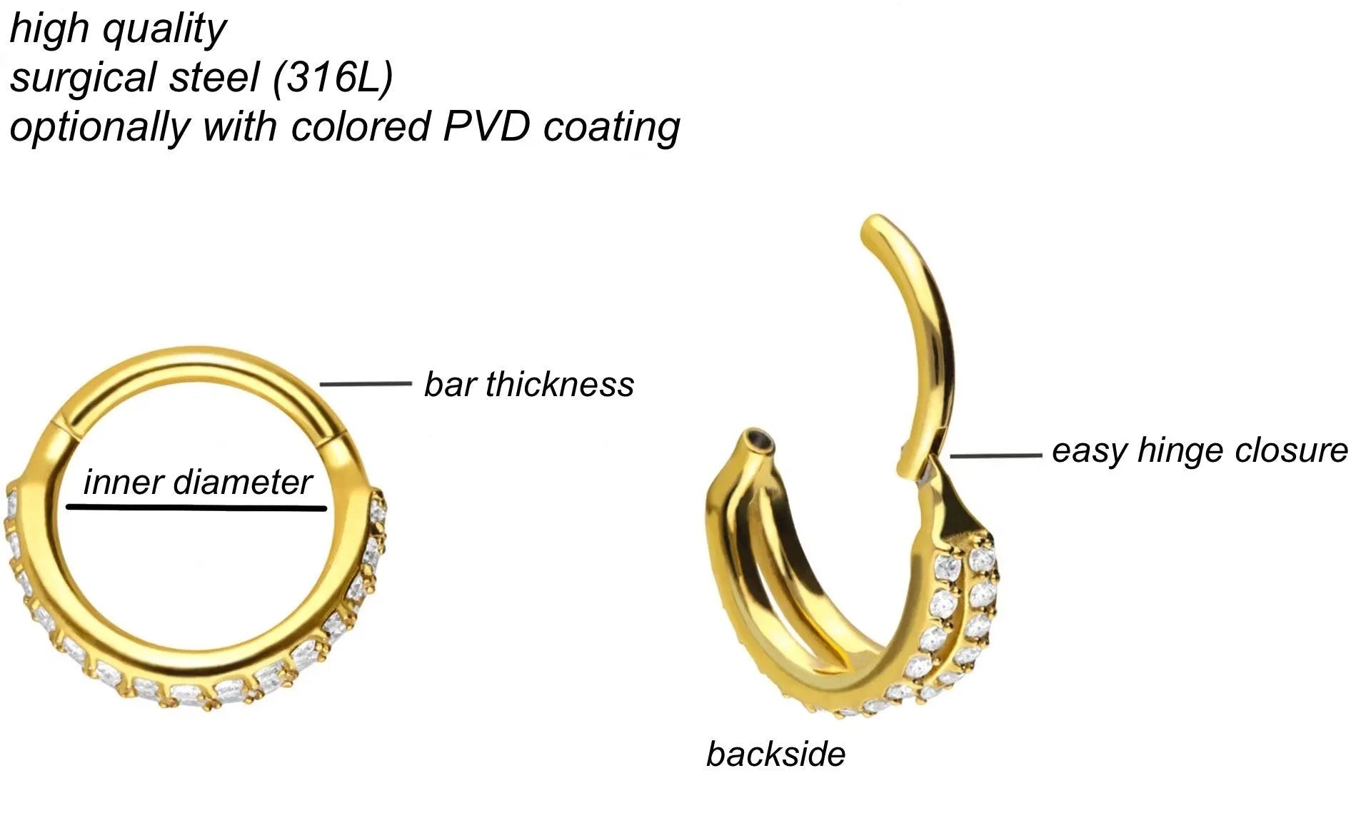 Surgical Steel 316L - Hinged Piercing Hoop Double Crystal Row