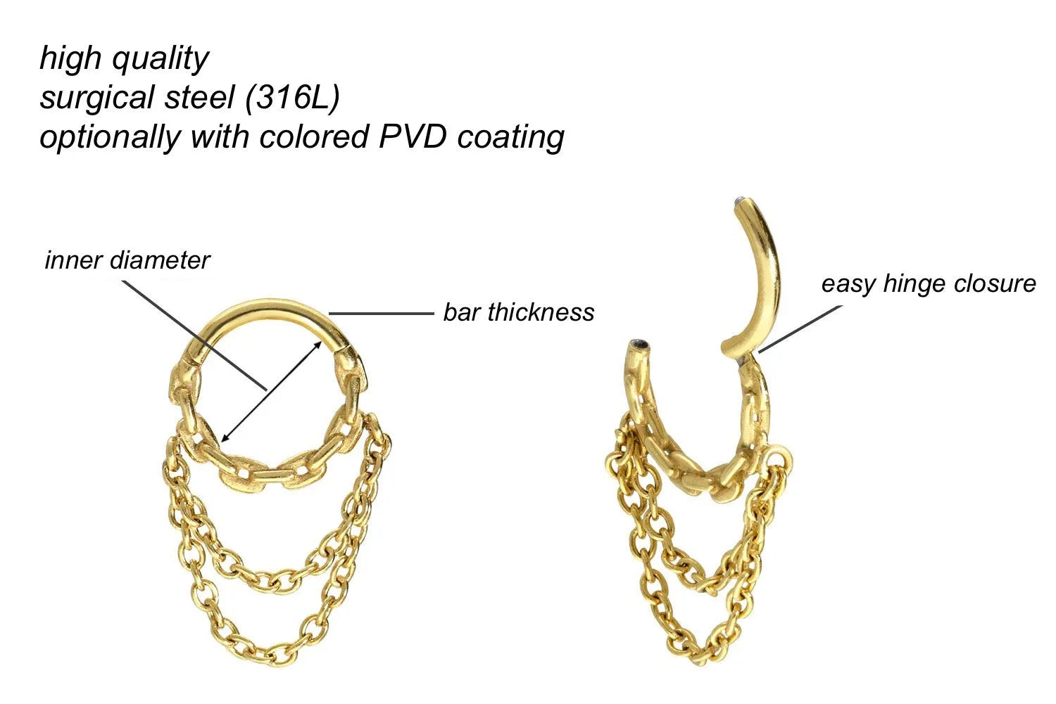 Surgical Steel 316L - Hinged Piercing Hoop Chain + 2 Dangling Chains