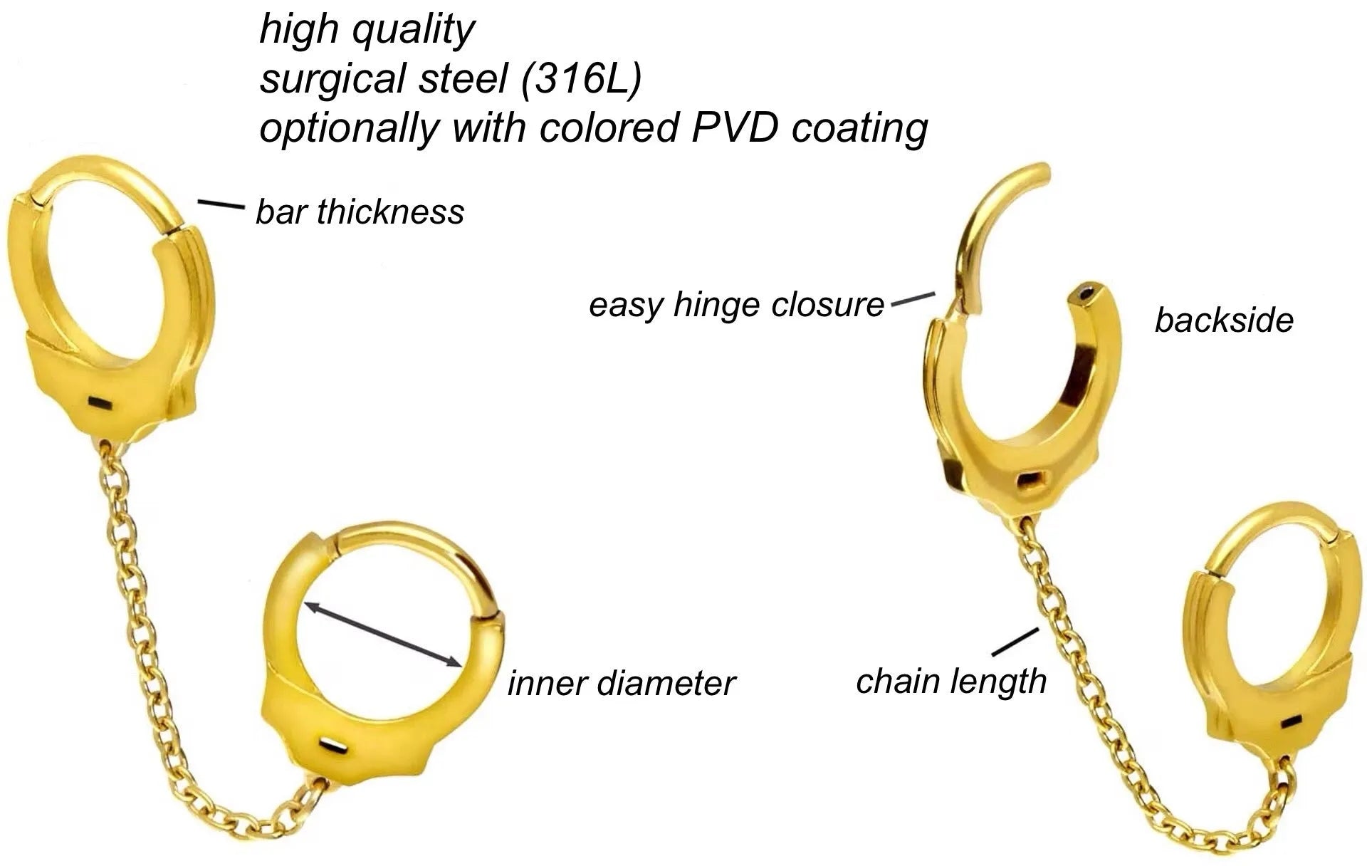 Surgical Steel 316L - Hinged Piercing Hoops 2 Connected Handcuffs