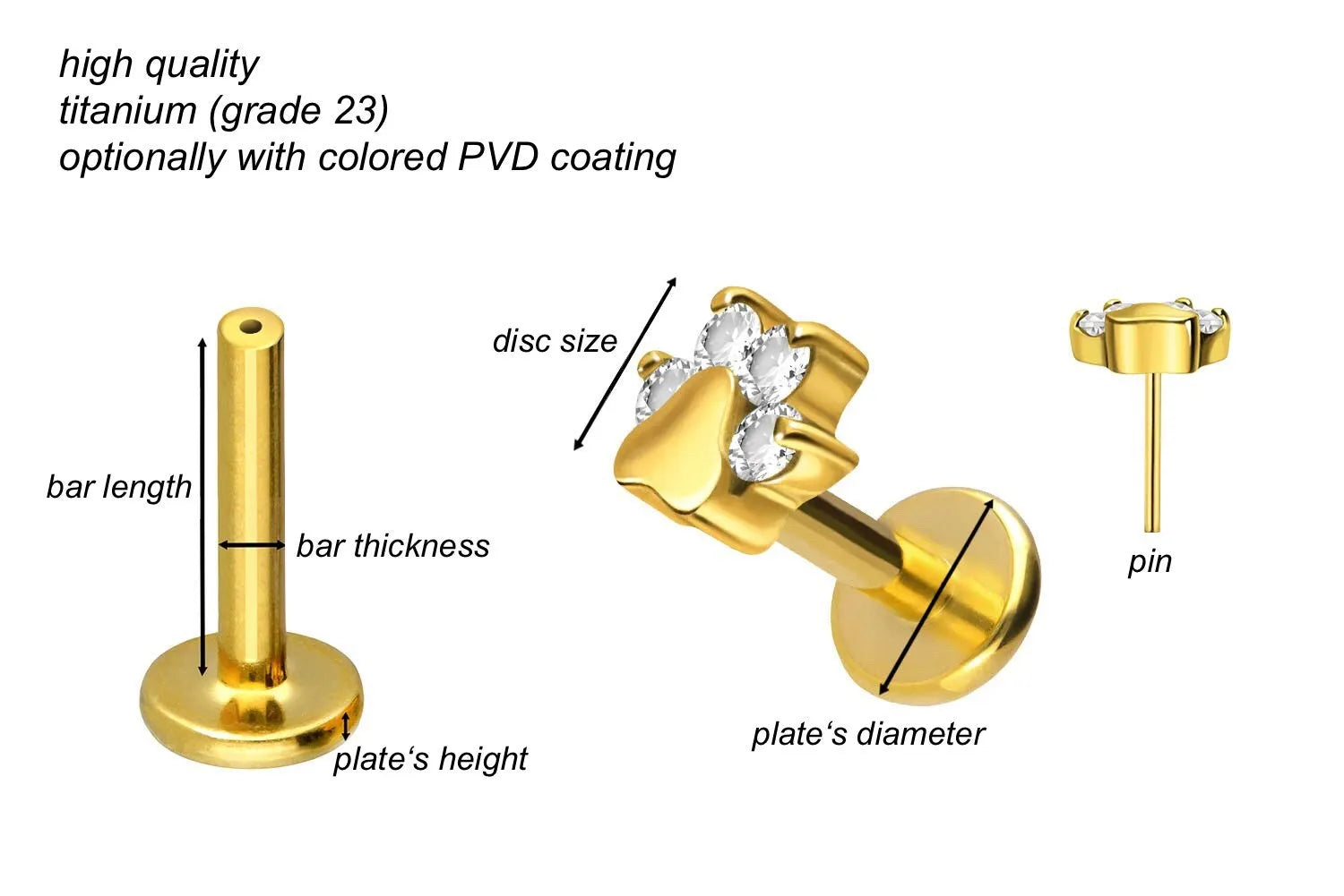 Titanium - Push Pin Flat Back Piercing Crystal Paw