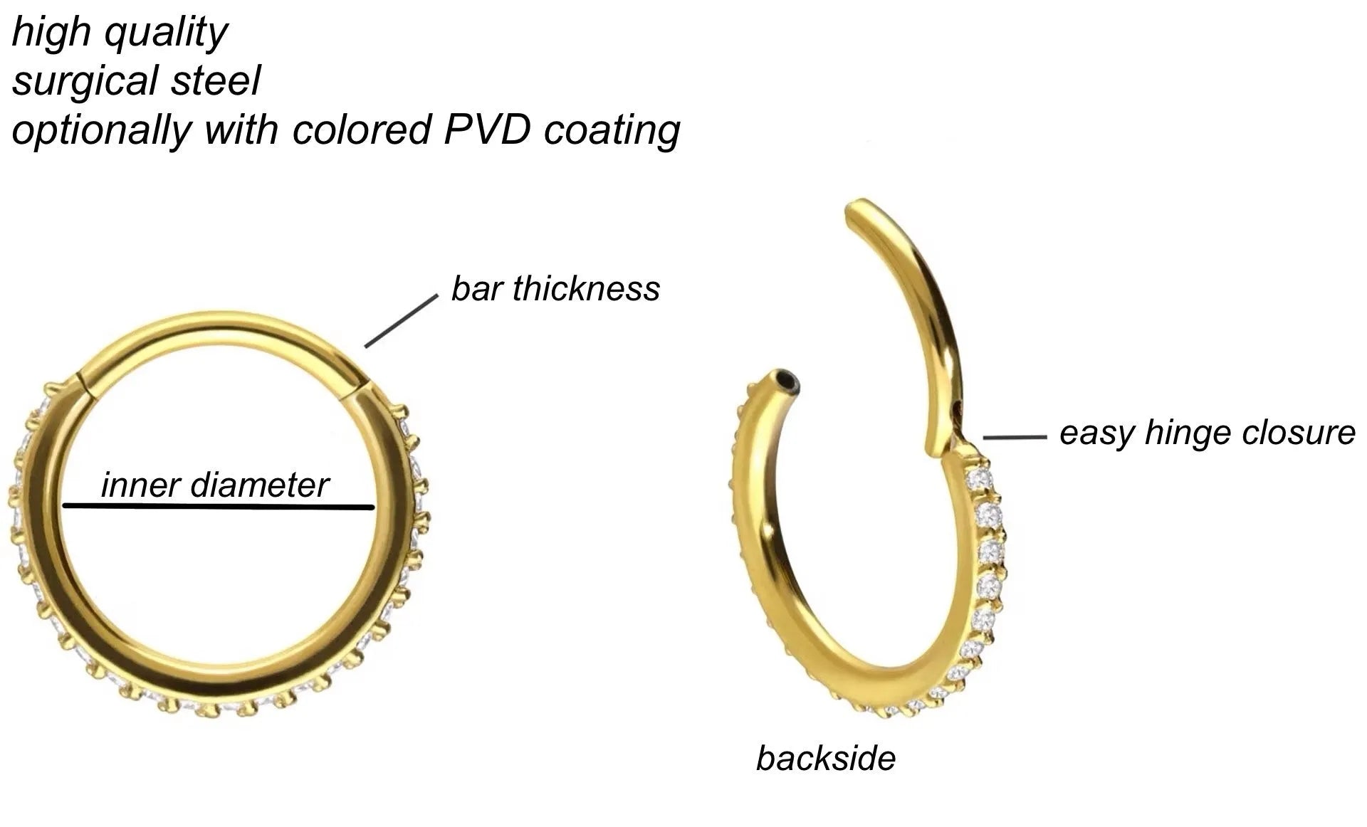 Surgical Steel 316L - Hinged Piercing Hoop Side Crystals