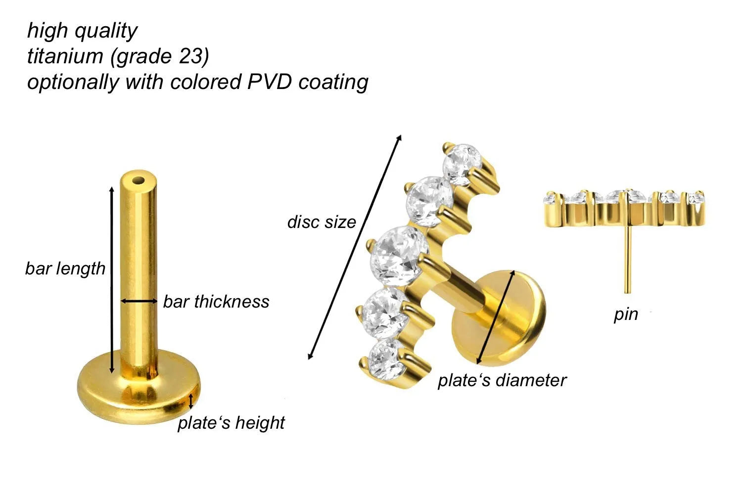 Titanium - Push Pin Flat Back Piercing Round Crystal Arch