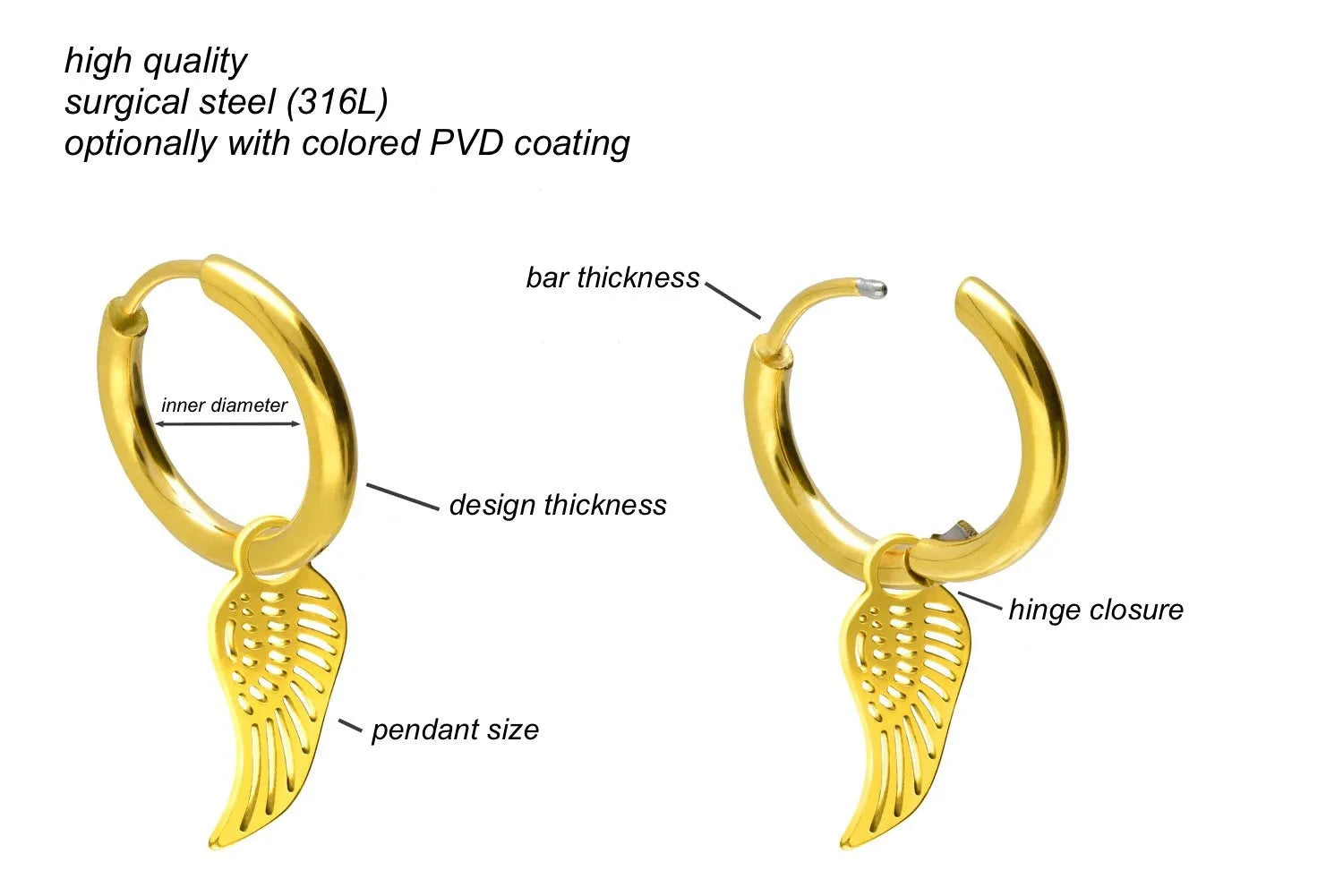 Surgical Steel 316L - Hinged Hoop Earrings Wing