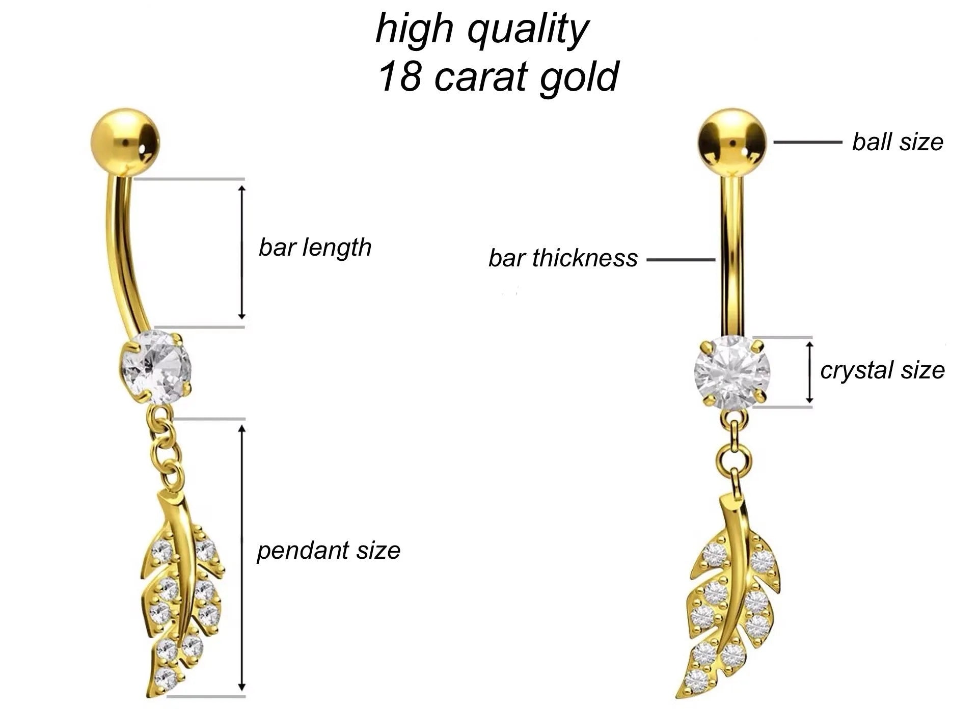 18 Carat Gold - Belly Button Piercing Dangling Sparkly Leaf