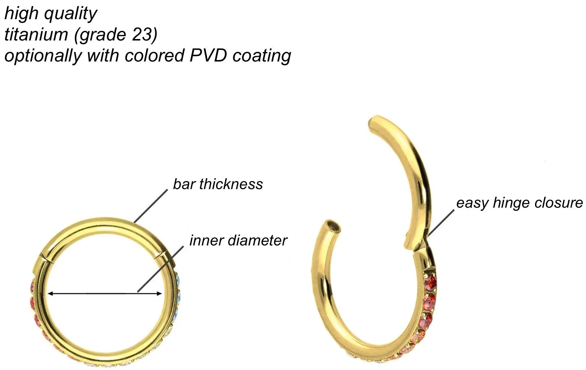 Titanium - Hinged Piercing Hoop Multicolored Crystals