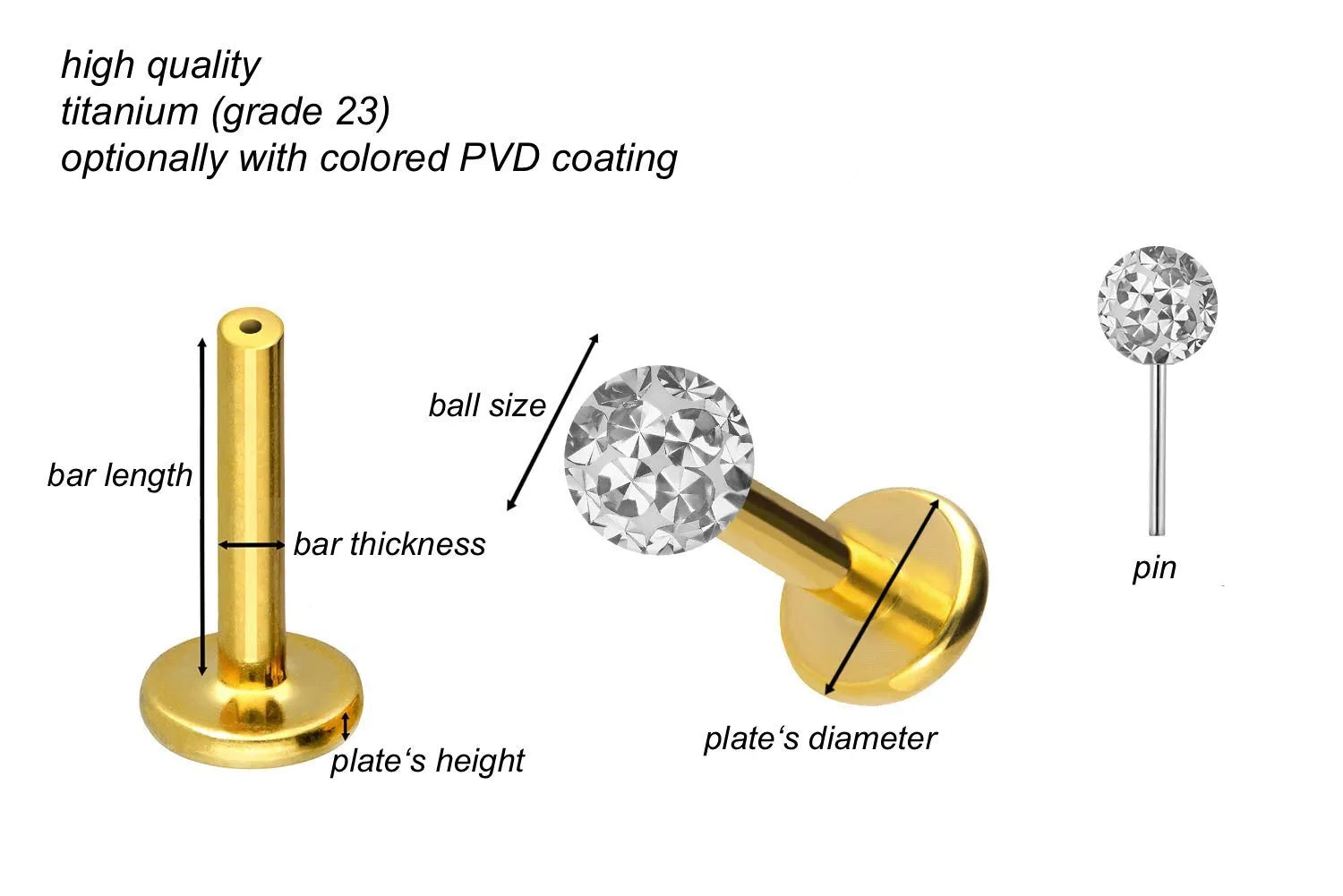 Titanium - Push Pin Flat Back Piercing Multi Crystal Ball