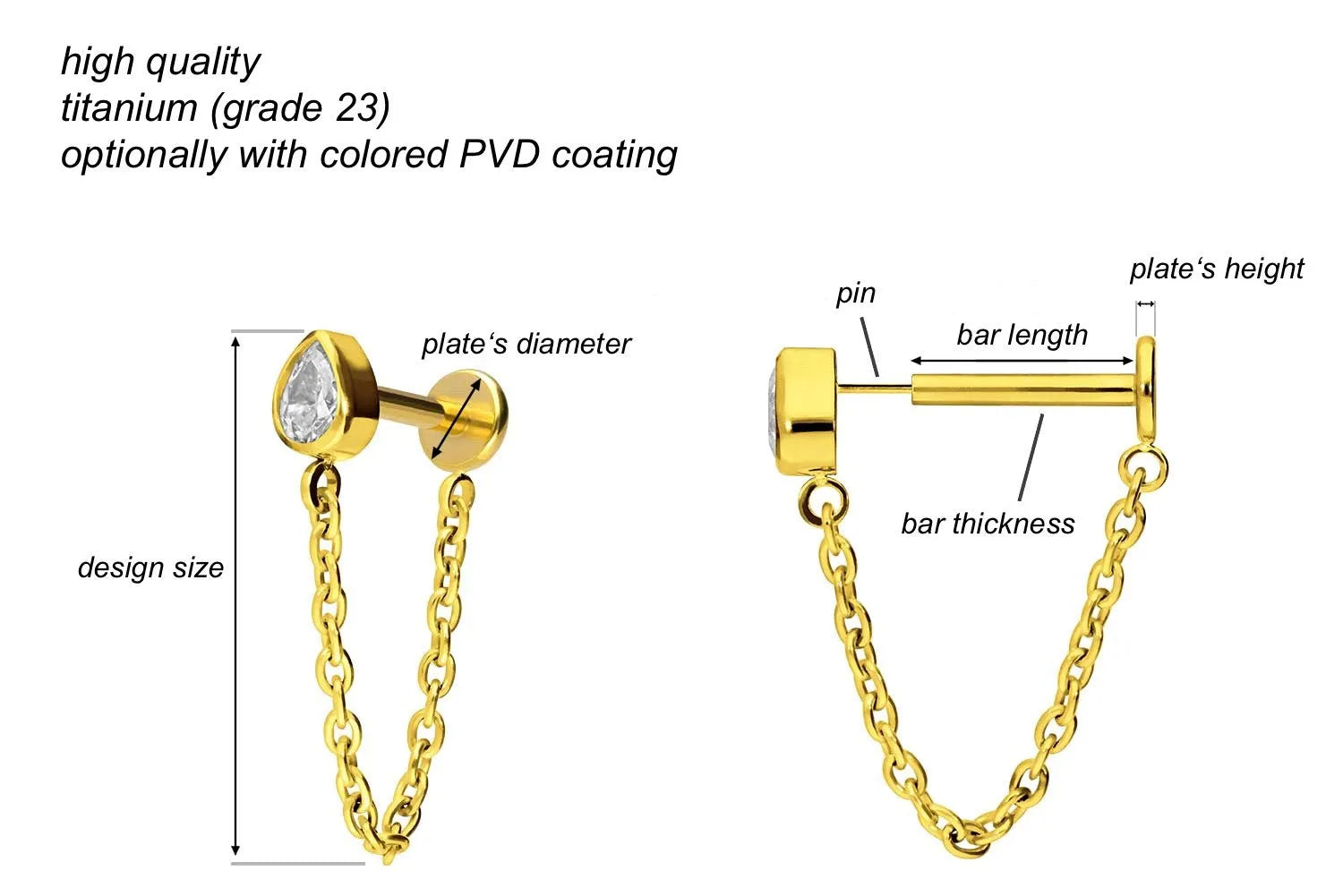 Titanium - Push Pin Flat Back Piercing Connecting Chain + Crystal Drop